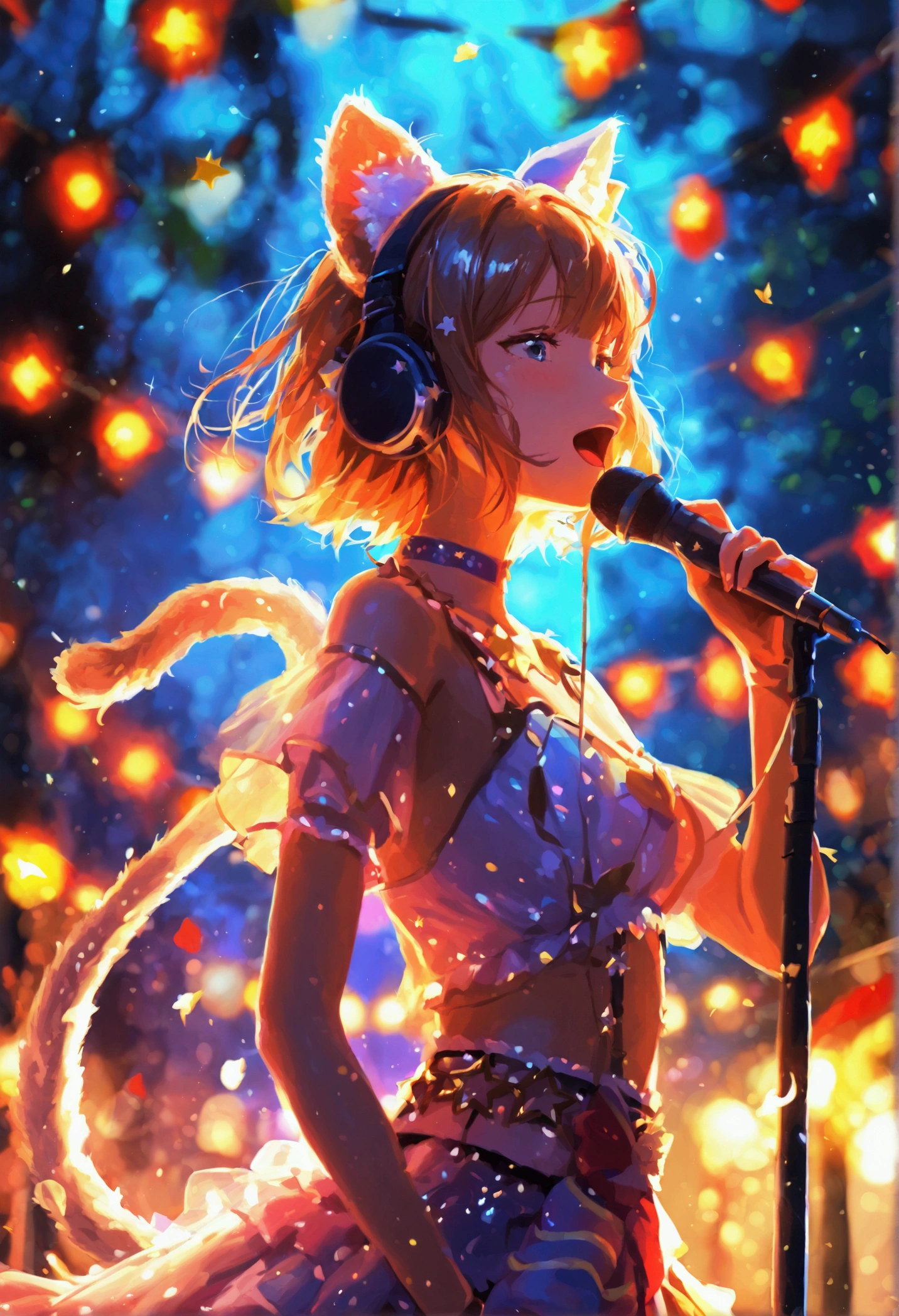 A girl with cat ears dressed as a pop idol, holding a microphone shaped like a cat paw, singing passionately. Her tail gets tangled in stage decorations, causing a comedic fall