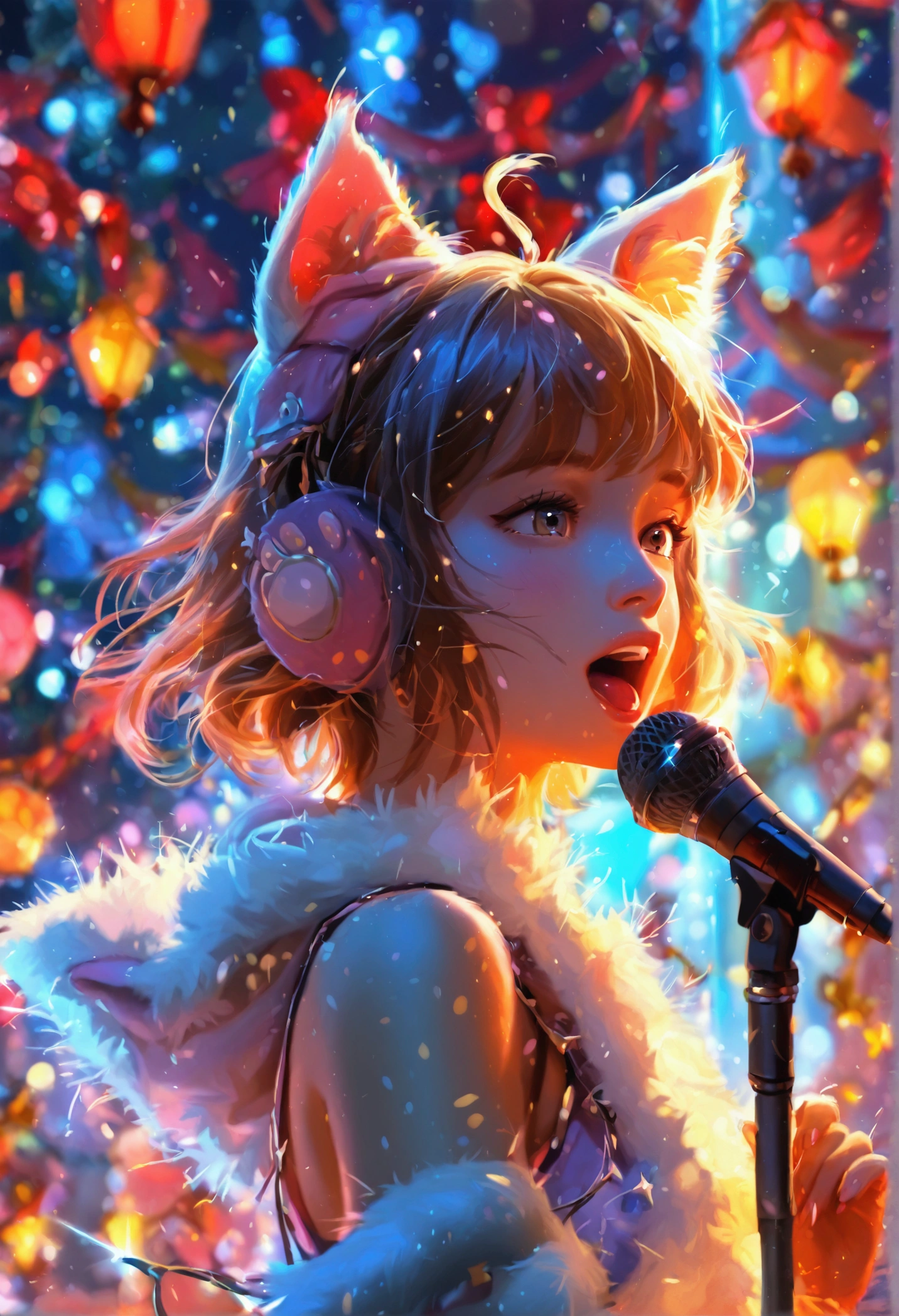 A girl with cat ears dressed as a pop idol, holding a microphone shaped like a cat paw, singing passionately. Her tail gets tangled in stage decorations, causing a comedic fall