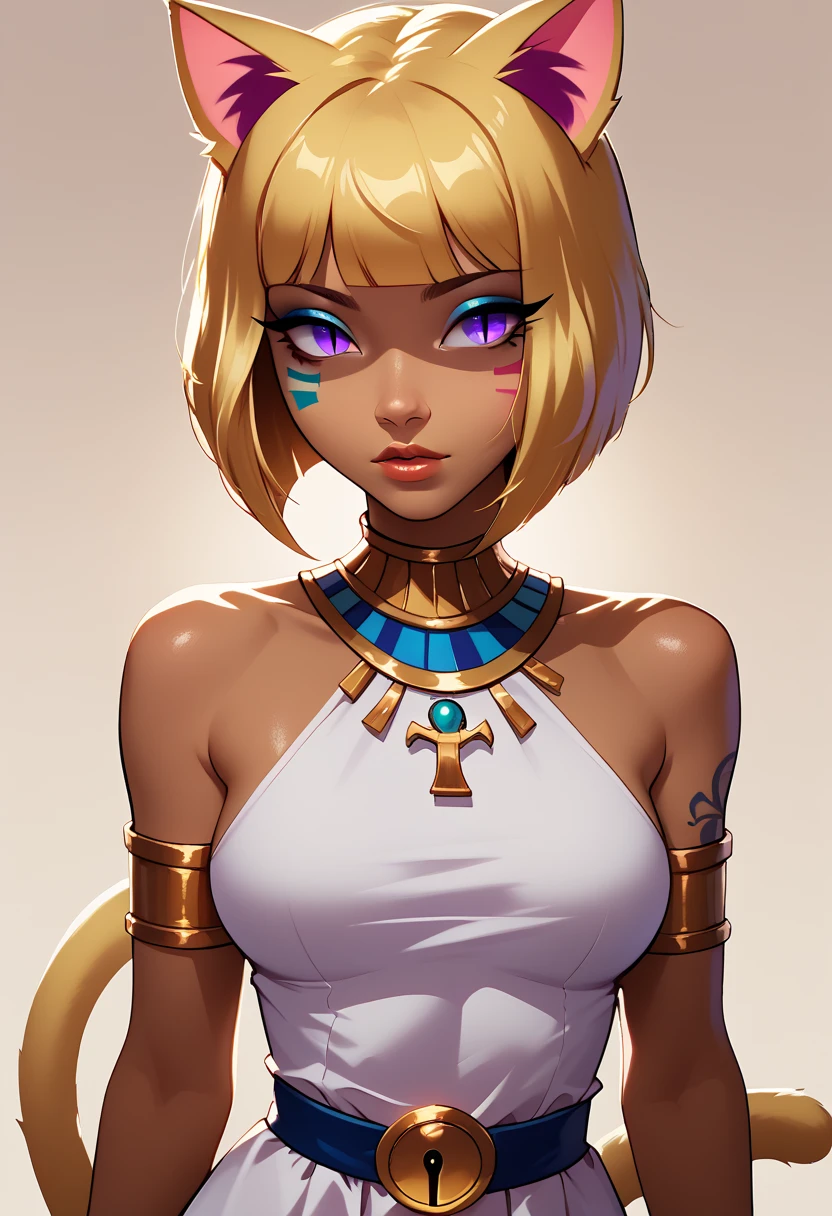 score_9, score_8_up, score_8, 
BREAK, 
rating_safe,
zzEgyptian, animal crossing, animal ears, zzSerena, armlet, backlighting, bare shoulders, belt, blonde hair, blue hair, blunt bangs, blunt ends, bob cut, cat ears, cat girl, cat tail, closed mouth, cropped, daniel deng, dark-skinned female, dark skin, dress,   eye of horus, eyelashes, eyes visible through hair, facial tattoo, gradient background, humanization, large breasts, looking at viewer, looking away, nintendo, non-web source, parted lips, purple eyes, ribs, see-through silhouette, shiny skin, short hair, simple background, slit pupils, source request, tail, tattoo, upper body, usekh collar, white dress
,
,BREAK, 
zPDXL, Expressiveh