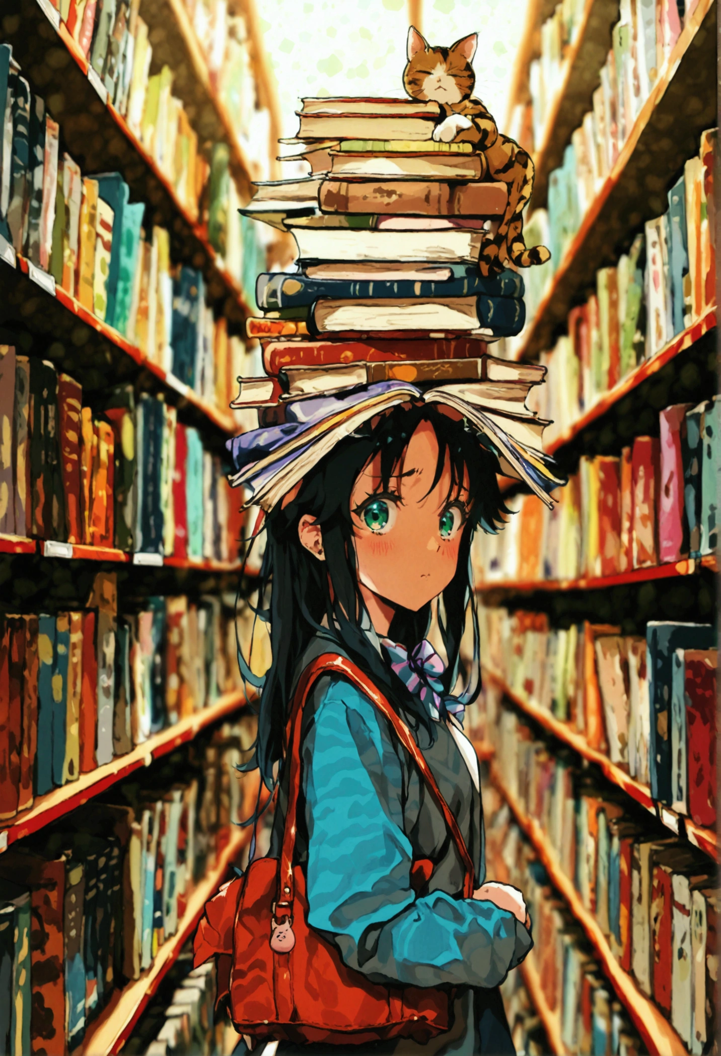 masterpiece, best quality, ultra detailed, kawaii anime, A studious girl with cat ears struggling to balance a towering stack of books in a library. A real cat hops onto the stack, sending books tumbling everywhere,inter face design background,