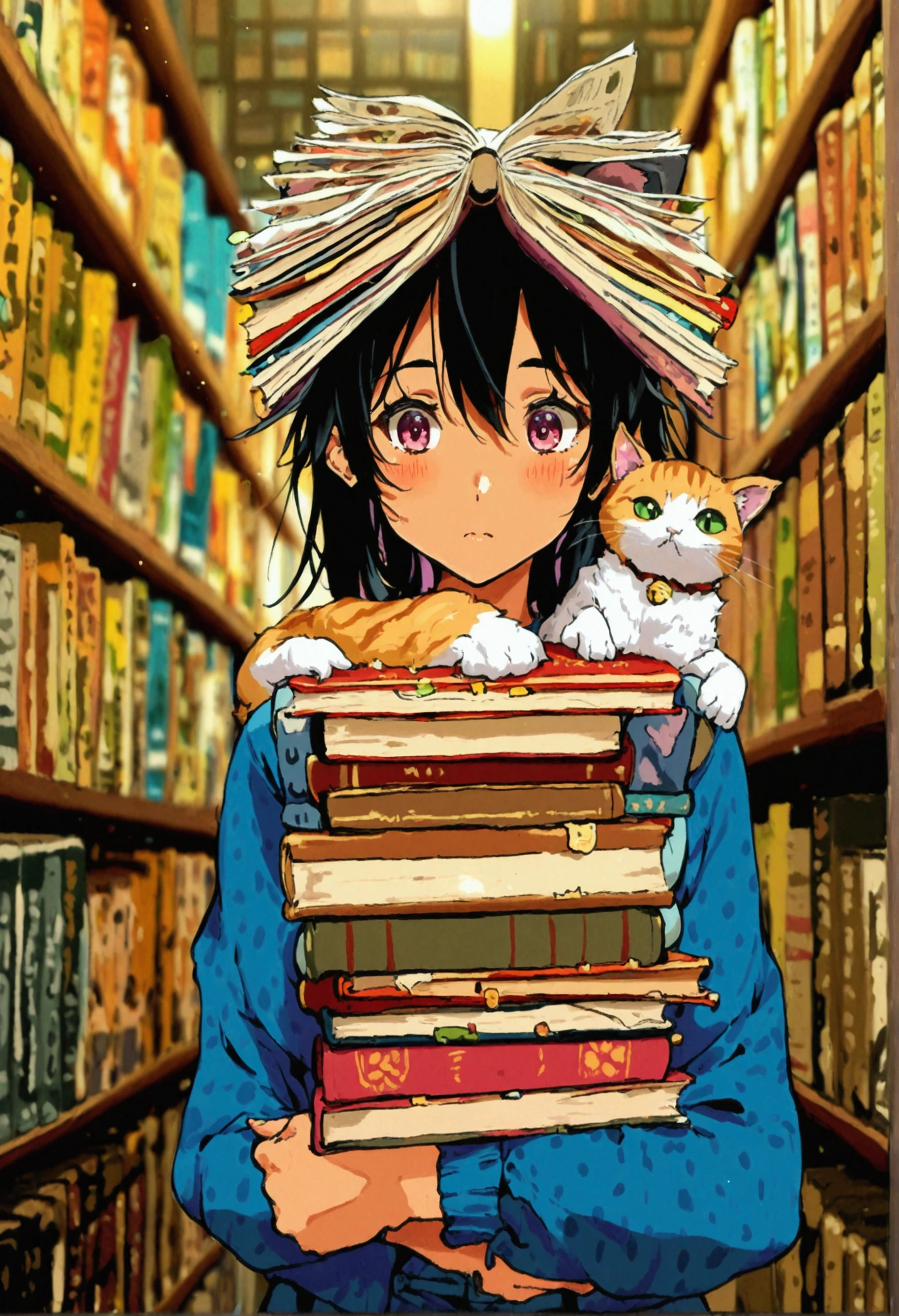 masterpiece, best quality, ultra detailed, kawaii anime, A studious girl with cat ears struggling to balance a towering stack of books in a library. A real cat hops onto the stack, sending books tumbling everywhere,inter face design background,