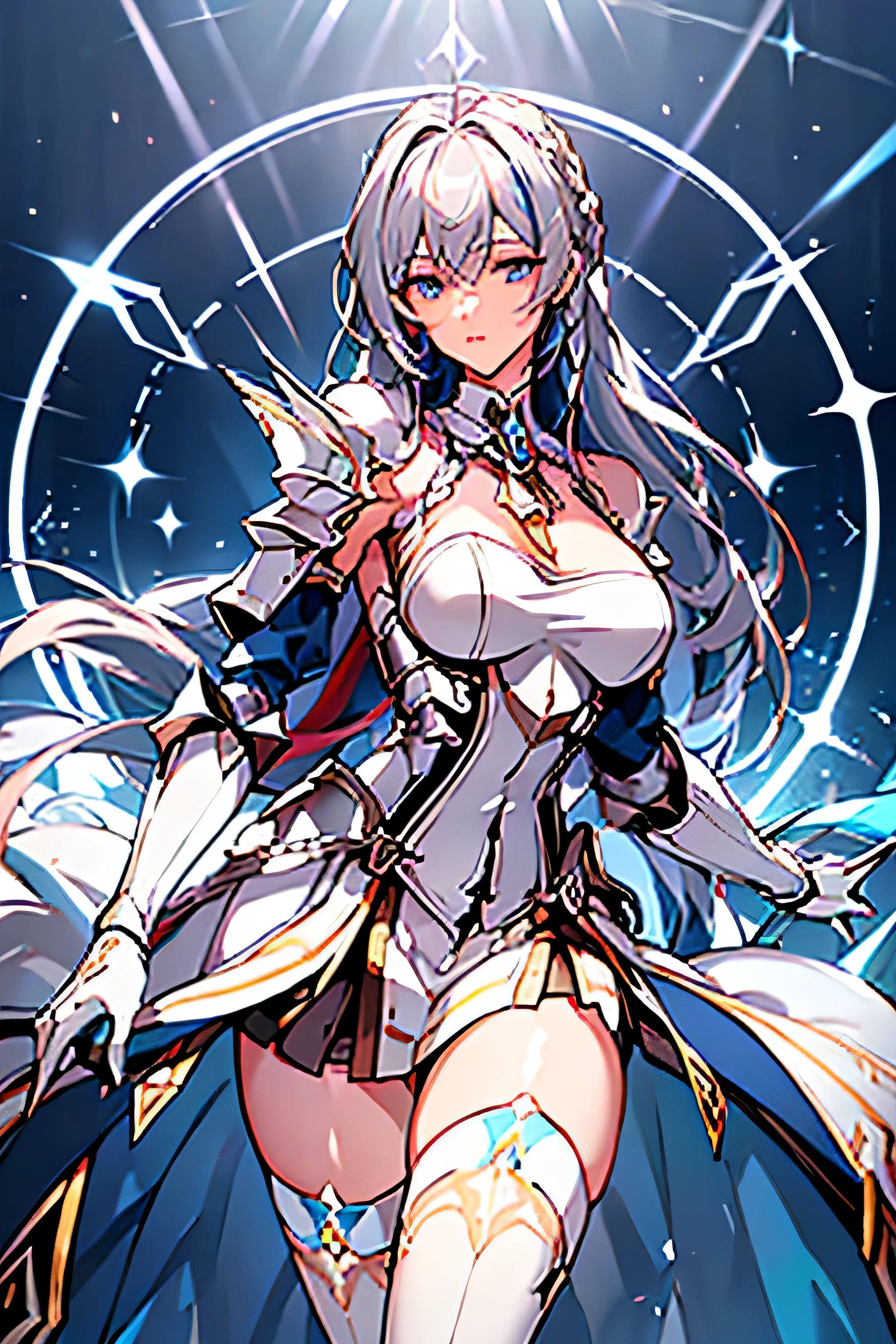 highres, highest quality, illustration, ultra detailed, (detailed face), (detailed eyes), cinematic lighting, best quality, hyper detailed, masterpiece, an adult age woman, solo, long hair, (((blue-streaked silver hair))), blue eyes, ((long blue color female knight dress)), ((long blue-colored coat tail)), (((silver-colored chest armor))), sleeveless, bare shoulder, white-colored skintight detached sleeves, gold armlets, ((white skirt with blue embroidery)), black high thigh stocking, luminous eyes, big breasts, light rays, (colorful), head to thigh, magic circles, exquisite fantasy outfit design, steady pose, mature woman, standing, Grand Master