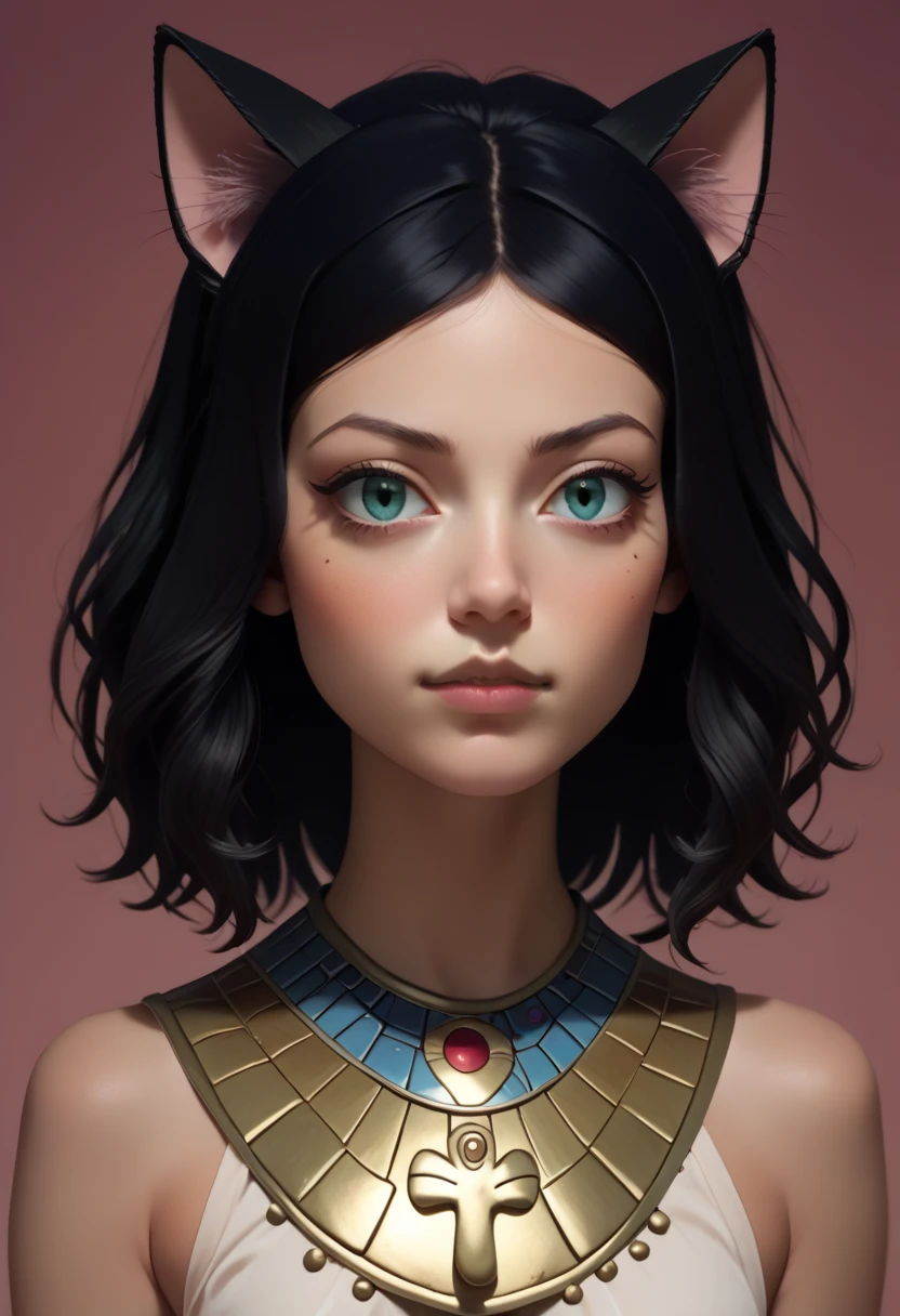 Serena, with human face, pele morena, Egyptian clothes, anime style, delicate face and body, short blue-black hair, cat ears and tail, cat eyes, and feline mustache