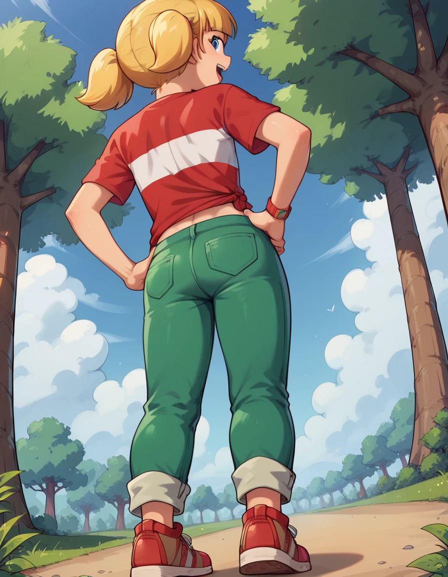 1girl, solo, penny_ig, young­k­i­d, short height, blonde hair, twintails, blue eyes, red cropped shirt, stripe, in a forest, green pants, pants slightly down, underwear showing, slight naked buttcrack showing, back view, hands on hips, smirksmile, mouth open, huge-butt-booty-close-up, view from below, squatting