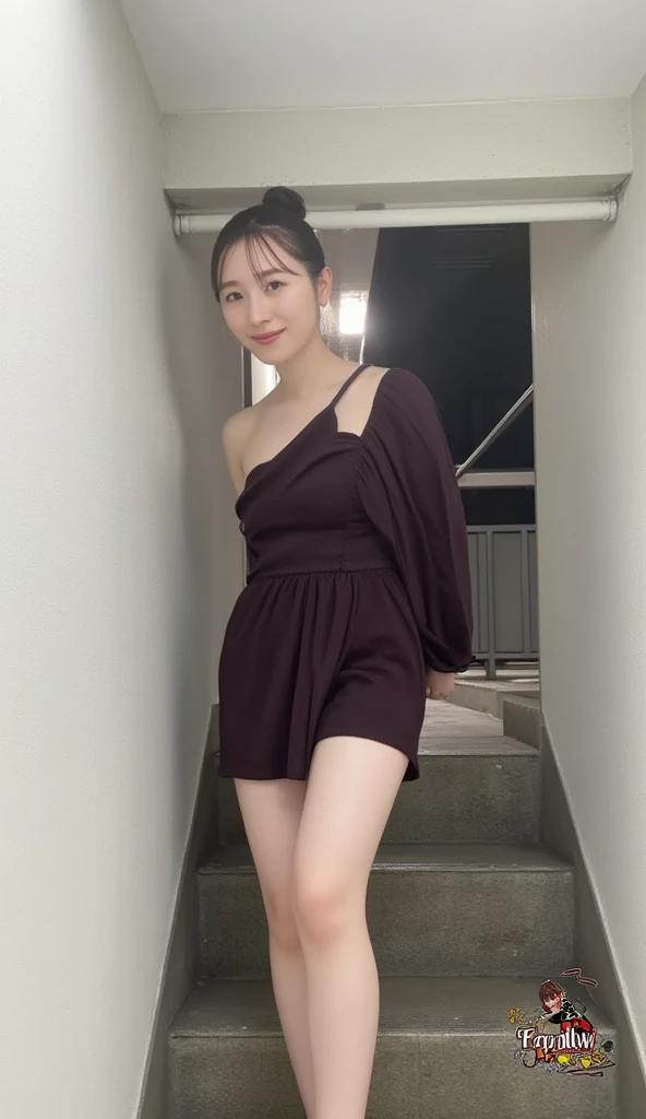 Wearing a dress, I'm going down the stairs one step at a time while commuting、The woman has big breasts and a slender body、The target woman is photographed from below 