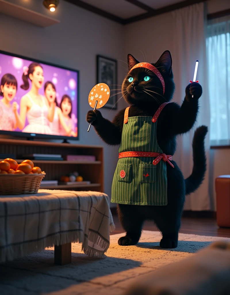 ultra-realistic, photorealistic, dramatic scene, shadow, global-illumination, the human-like giant black cat\(wearing a vertical striped green apron, black cat, dancing at the side of the low table that covered by a heavy blanket, watching TV and dancing identical to the idol on TV, raising a hand, wearing Hachimaki, holding a star printed fan and a bright light stick\), there is a low table fully covered with a light colored checked thick blanket on the large carpet in the stylish Japanese apartment room, a TV and shelf are in the room, the tv displays\(anime, cute anime, detailed big circle eyes, extra long curly haired, smile, 5 girls each colored extra long curly hair of pink and blue and silver and blonde and black with bunny's ears, live performance of a cute young idol singer girl wearing a pastel colored dress, bunny's ears, happy smile, cute girls, singing on stage, spot lighting, dancing, raising a hand\), stylish furnishings, mandarin oranges in the basket is on the low table, in winter,