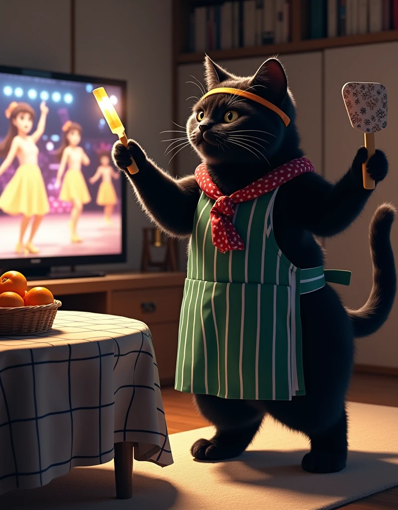 ultra-realistic, photorealistic, dramatic scene, shadow, global-illumination, the human-like giant black cat\(wearing a vertical striped green apron, black cat, dancing at the side of the low table that covered by a heavy blanket, watching TV and dancing identical to the idol on TV, raising a hand, wearing Hachimaki, holding a star printed fan and a bright light stick\), there is a low table fully covered with a light colored checked thick blanket on the large carpet in the stylish Japanese apartment room, a TV and shelf are in the room, the tv displays\(anime, cute anime, detailed big circle eyes, extra long curly haired, smile, 5 girls each colored extra long curly hair of pink and blue and silver and blonde and black with bunny's ears, live performance of a cute young idol singer girl wearing a pastel colored dress, bunny's ears, happy smile, cute girls, singing on stage, spot lighting, dancing, raising a hand\), stylish furnishings, mandarin oranges in the basket is on the low table, in winter,