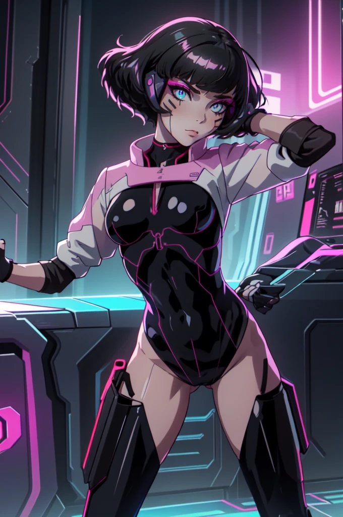 <lora:Kurama013:0.6>,<lora:add_detail:0.5>,<lora:boldline:-0.8>,<lora:noline:0.3>,
looking at viewer,smile,parted lips,
amaruK,1girl,
short hair,multicolored hair,two-tone hair,purple hair,black hair,colored inner hair,pink hair,hair between eyes,bangs,
makeup,eyeshadow,eyelashes,eyeliner,multicolored eyes,purple eyes,pink eyes,lipstick,
black choker,
strapless,black leotard,bare shoulders,collarbone,cleavage,navel,
