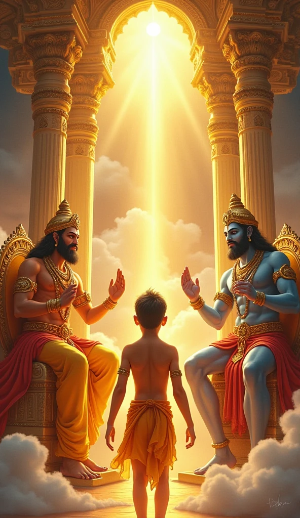 3 friends with folded hands in front of Hanuman ji, one handsome boy named Sanjay and on his chest it is written Sanjay and on the chest of 2. it is written Arun and on the chest of 3. it is written Shyam
