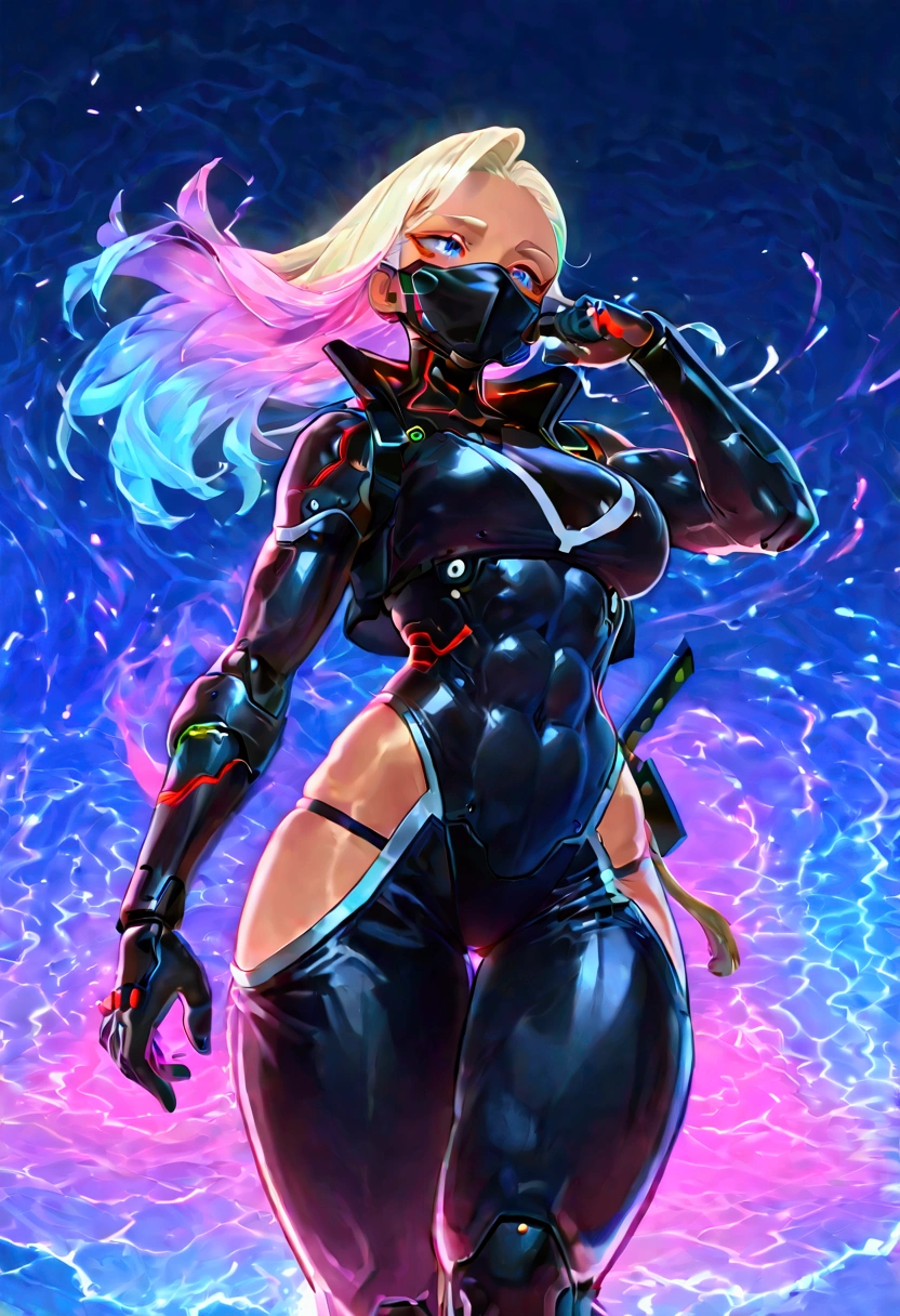 Female cyberpunk ninja, wearing ninja clothes, cyberpunk, sexy, well-toned abs, large wave background approaching the foreground, destructive