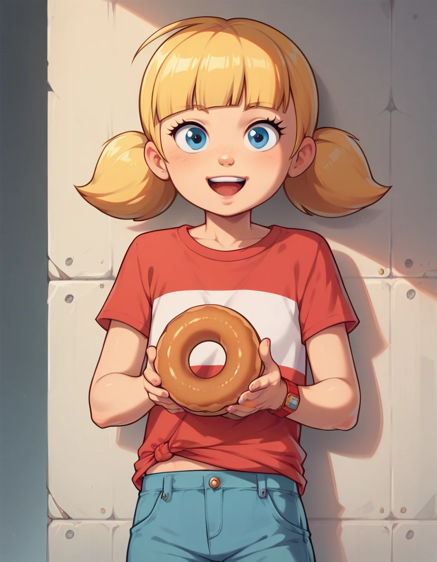 1girl, solo, penny_ig, young­k­i­d, short height, blonde hair, twintails, blue eyes, holding a big donut in front of her for convenient censorship, smirksmile, mouth open