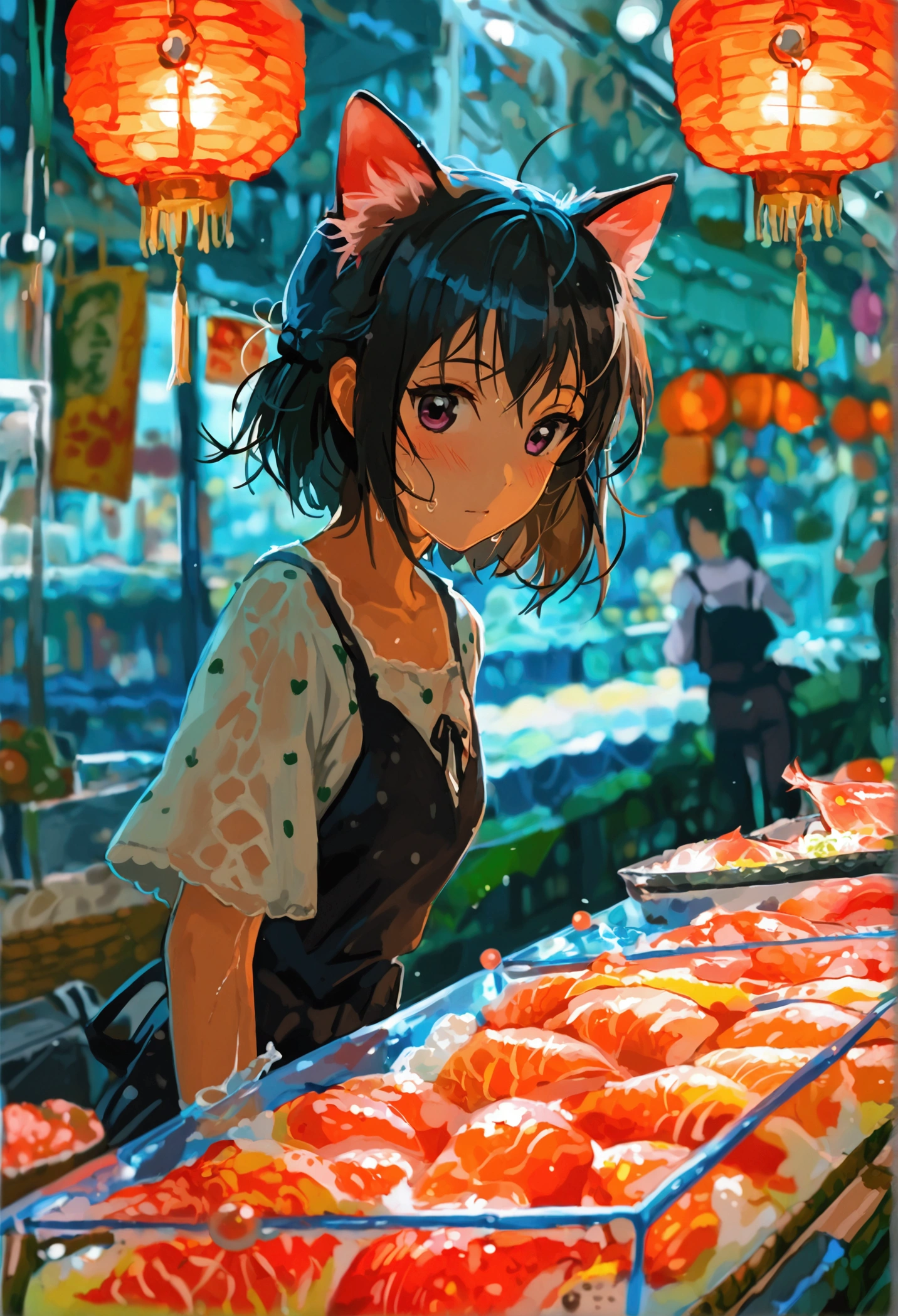 masterpiece, best quality, ultra detailed, kawaii anime,At a fish market, a girl with cat ears can't resist the aroma and ends up accidentally falling into a display of fresh fish, much to the vendor’s dismay