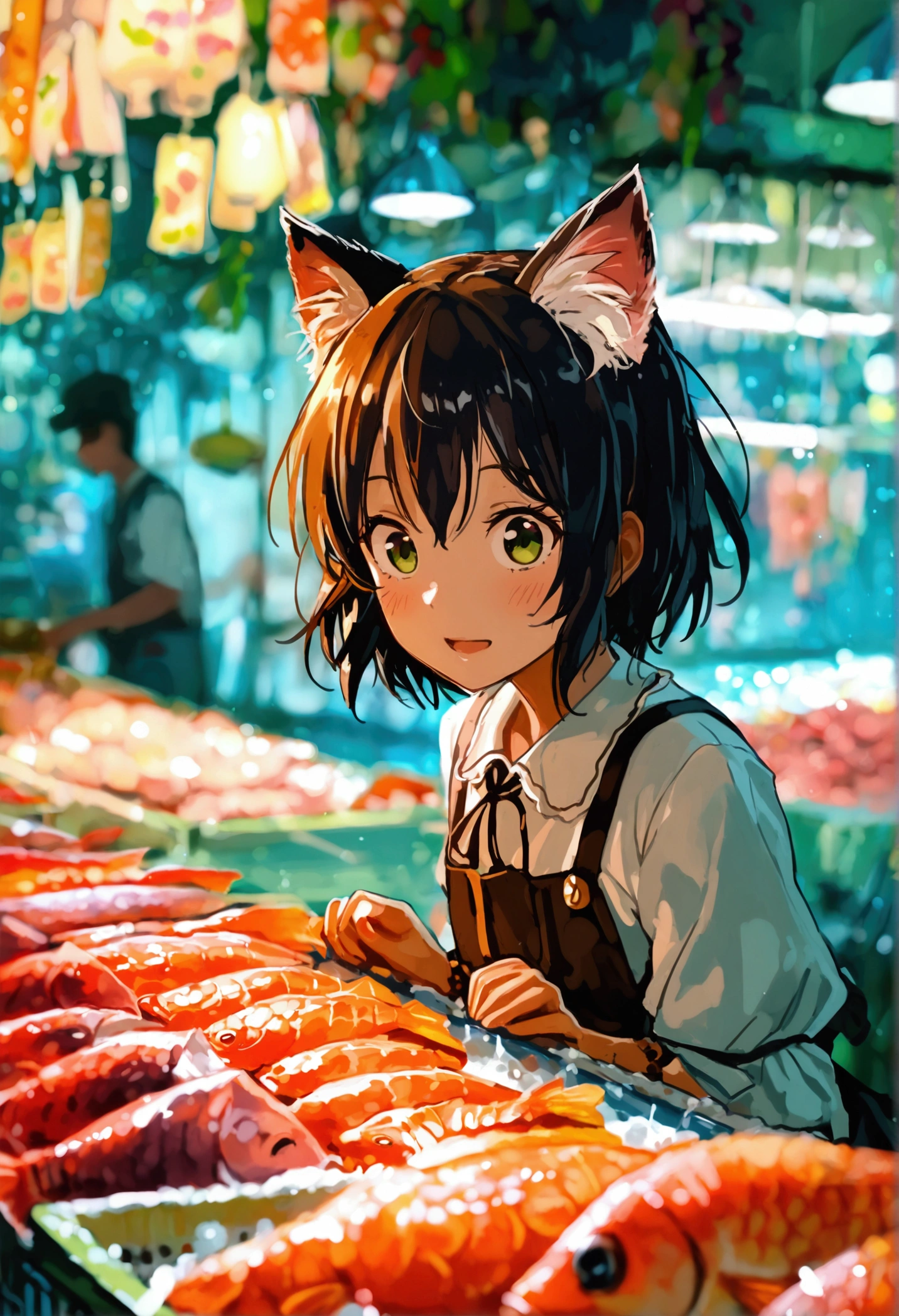 masterpiece, best quality, ultra detailed, kawaii anime,At a fish market, a girl with cat ears can't resist the aroma and ends up accidentally falling into a display of fresh fish, much to the vendor’s dismay