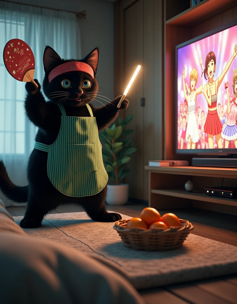 ultra-realistic, photorealistic, dramatic scene, shadow, global-illumination, the human-like giant black cat\(wearing a vertical striped green apron, black cat, dancing at the side of the low table that covered by a heavy blanket, watching TV and dancing identical to the idol on TV, raising a hand, wearing Hachimaki, holding a star printed fan and a bright light stick\), there is a low table fully covered with a light colored checked thick blanket on the large carpet in the stylish Japanese apartment room, a TV and shelf are in the room, the tv displays\(anime, cute anime, detailed big circle eyes, extra long curly haired, smile, 5 girls each colored extra long curly hair of pink and blue and silver and blonde and black with bunny's ears, live performance of a cute young idol singer girl wearing a pastel colored dress, bunny's ears, happy smile, cute girls, singing on stage, spot lighting, dancing, raising a hand\), stylish furnishings, mandarin oranges in the basket is on the low table, in winter,