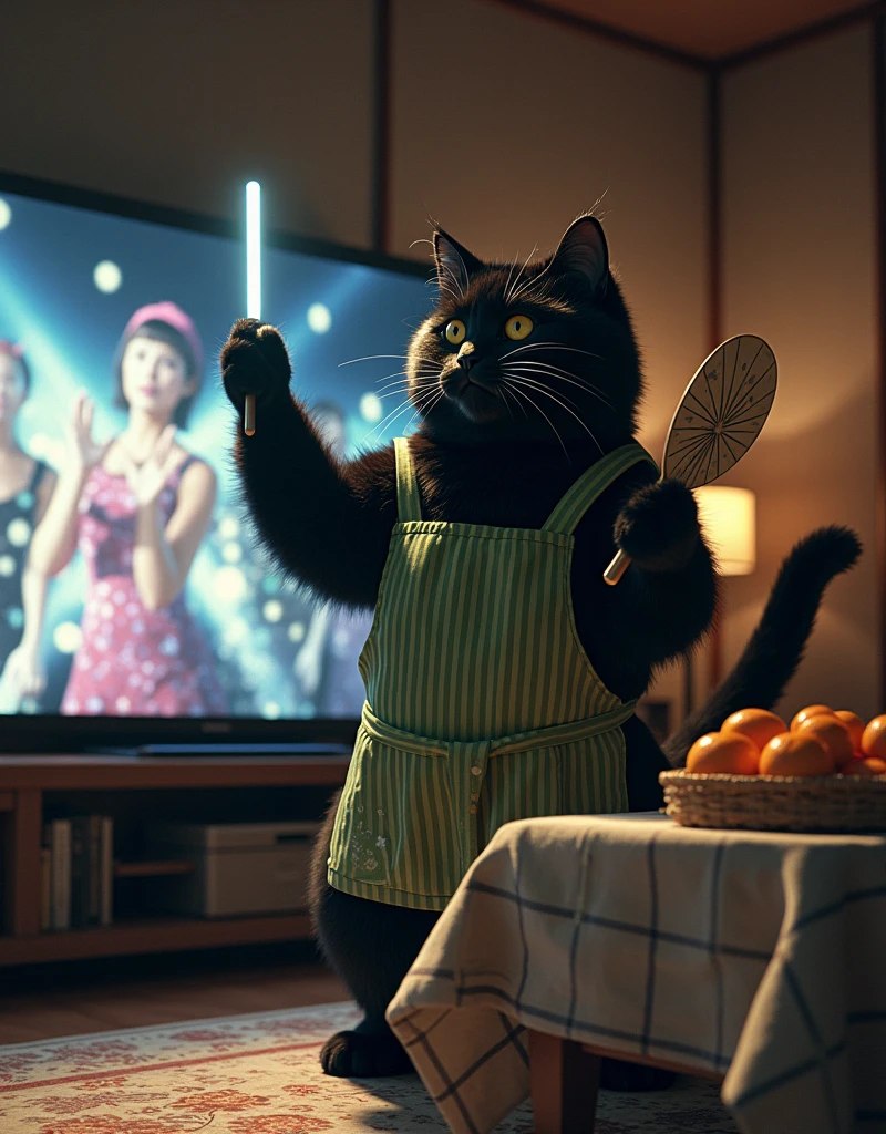 ultra-realistic, photorealistic, dramatic scene, shadow, global-illumination, the human-like giant black cat\(wearing a vertical striped green apron, black cat, dancing at the side of the low table that covered by a heavy blanket, watching TV and dancing identical to the idol on TV, raising a hand, wearing Hachimaki, holding a star printed fan and a bright light stick\), there is a low table fully covered with a light colored checked thick blanket on the large carpet in the stylish Japanese apartment room, a TV and shelf are in the room, the tv displays\(anime, cute anime, detailed big circle eyes, extra long curly haired, smile, 5 girls each colored extra long curly hair of pink and blue and silver and blonde and black with bunny's ears, live performance of a cute young idol singer girl wearing a pastel colored dress, bunny's ears, happy smile, cute girls, singing on stage, spot lighting, dancing, raising a hand\), stylish furnishings, mandarin oranges in the basket is on the low table, in winter,