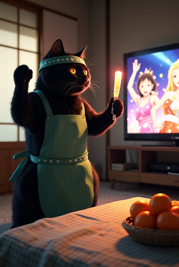 ultra-realistic, photorealistic, dramatic scene, shadow, global-illumination, the human-like giant black cat\(wearing a vertical striped green apron, black cat, dancing at the side of the low table that covered by a heavy blanket, watching TV and dancing identical to the idol on TV, raising a hand, wearing Hachimaki, holding a star printed fan and a bright light stick\), there is a low table fully covered with a light colored checked thick blanket on the large carpet in the stylish Japanese apartment room, a TV and shelf are in the room, the tv displays\(anime, cute anime, detailed big circle eyes, extra long curly haired, smile, 5 girls each colored extra long curly hair of pink and blue and silver and blonde and black with bunny's ears, live performance of a cute young idol singer girl wearing a pastel colored dress, bunny's ears, happy smile, cute girls, singing on stage, spot lighting, dancing, raising a hand\), stylish furnishings, mandarin oranges in the basket is on the low table, in winter,