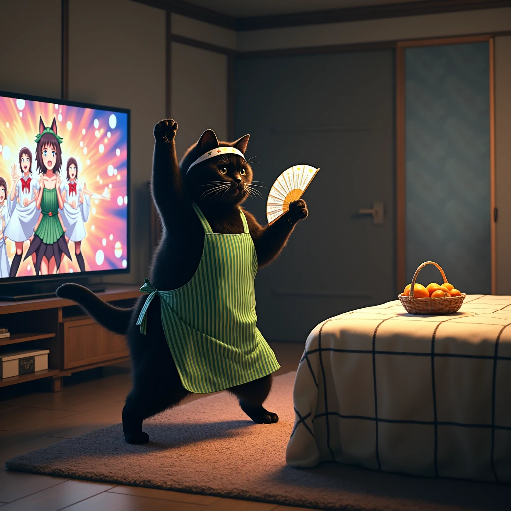 ultra-realistic, photorealistic, dramatic scene, shadow, global-illumination, the human-like giant black cat\(wearing a vertical striped green apron, black cat, dancing at the side of the low table that covered by a heavy blanket, watching TV and dancing identical to the idol on TV, raising a hand, wearing Hachimaki, holding a star printed fan and a bright light stick\), there is a low table fully covered with a light colored checked thick blanket on the large carpet in the stylish Japanese apartment room, a TV and shelf are in the room, the tv displays\(anime, cute anime, detailed big circle eyes, extra long curly haired, smile, 5 girls each colored extra long curly hair of pink and blue and silver and blonde and black with bunny's ears, live performance of a cute young idol singer girl wearing a pastel colored dress, bunny's ears, happy smile, cute girls, singing on stage, spot lighting, dancing, raising a hand\), stylish furnishings, mandarin oranges in the basket is on the low table, in winter,