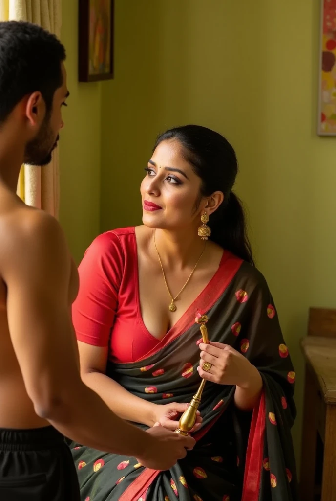 The image is a high-resolution photograph featuring an intimate, indoor scene with two people. The subject is a middle-aged woman, likely of Indian descent, with a medium skin tone, and a well-defined facial structure. She is dressed in traditional Indian attire, wearing a bright red satin  blouse with a plunging neckline that reveals a significant amount of cleavage, showcasing a medium-to-large bust. Her attire, a patterned  black satin saree with vibrant colors such as red,and black, is draped elegantly over her shoulders and partially covering her left breast.

Her hair is neatly pulled back into a low ponytail. She accessorizes with simple gold jewelry, including a gold necklace and matching earrings. Her expression is sexy, looking towards a man  to her left.she holds a dildo in her hand

The African man wearing a black shorts only,The background reveals a domestic interior with green walls, a piece of furniture with a colorful abstract painting hanging on it, and a hint of other household objects, suggesting a warm and lived-in space. The lighting is soft, enhancing the emotional intensity of the moment captured.