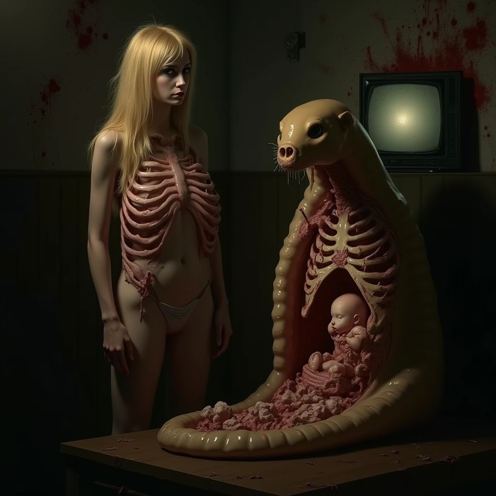 "(the best lighting,  high contrast , dark, dramatic),(Blonde woman next to a giant jelly weasel, Open the rib cage, fetus, autopsy, human bones, blood on the walls), tv on . Light Caravaggio"