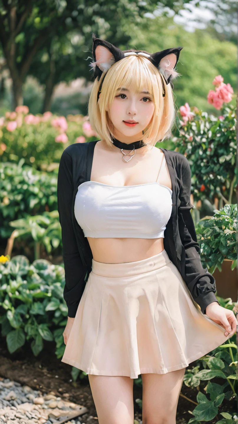 (NSFW:0.5),((skirt lift:1.3)),((Platinum Hair:1.15)),((panty shot:1.3)),Japan gal style makeup,gold necklace, gold bracelet, gold belt, {{Low-rise skirt with slit}}, plaid pleated skirt, {{{へそ length white shirt}}}, {{{{Shirt tied under the chest:1.3}}}}, socks, 1 girl,(highest quality,4k,8K,High resolution,masterpiece:1.2),1 beautiful woman,18-year-old,35mm lens,f/1,considerable breasts,soft sunlight,bright colors,playful expression