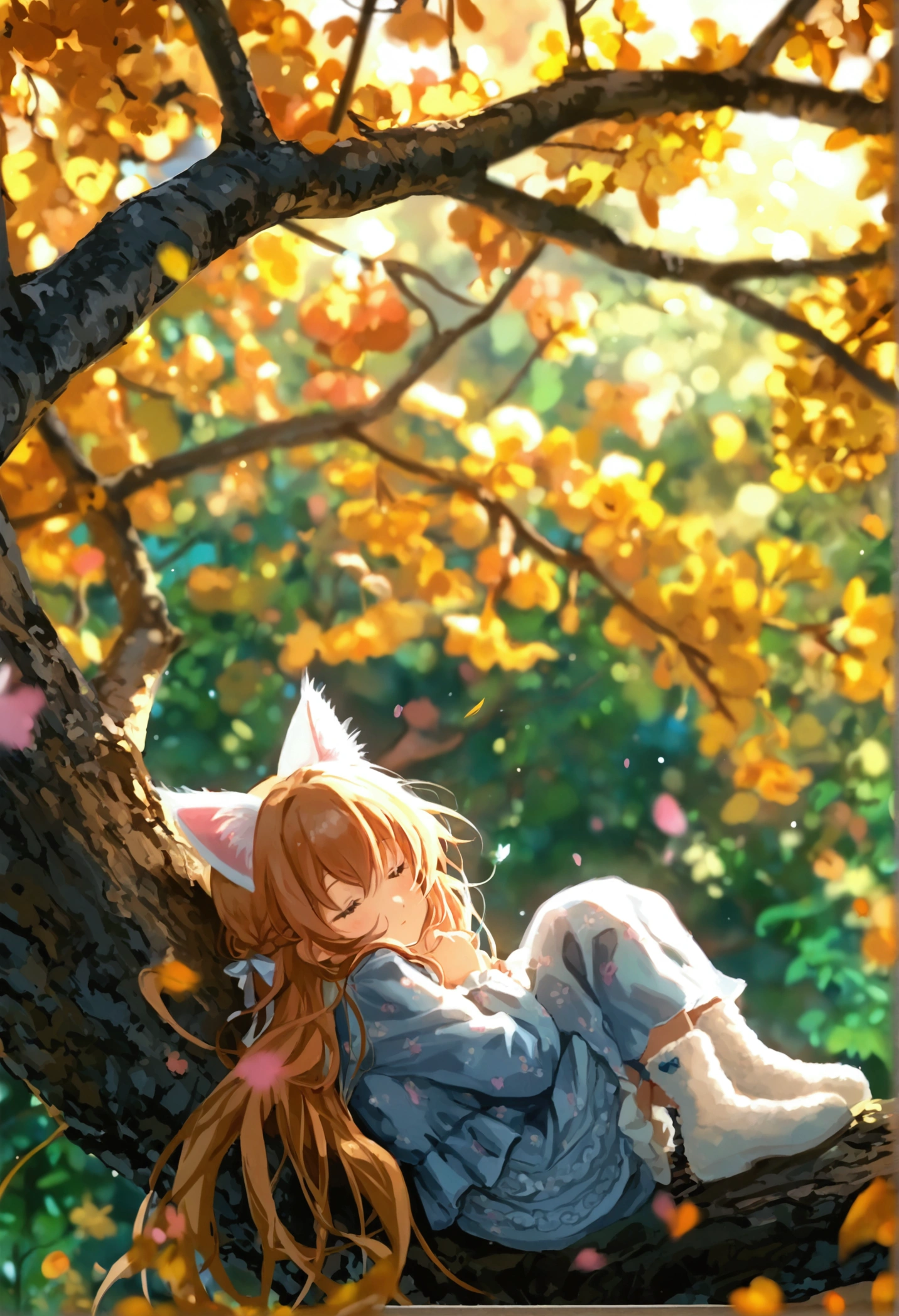  ultra detailed, kawaii anime, angelic atmosphere, A girl with cat ears curled up and napping on a tree branch. Suddenly, the branch breaks, sending her into a haystack below