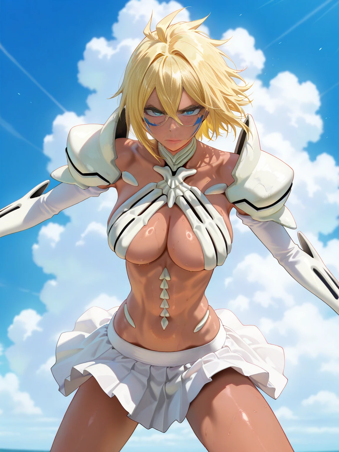 Tier Harribel, bleach,  a young woman ,  latina, with shiny blond hair , is in a dynamic pose.  Her skin tone is medium brown . She wears white bone armor, almost ethereal,   Her clothes include a structured top and skirt , showing off the upper body and thighs. Her skirt is black with white bone details on top,  but with a wild and free touch , with a serious look,  but slightly melancholic .  Her physique seems athletic or toned ,  with a slender build .  She has a lively profile vision ,  turned slightly to the right ,  and her posture suggests confidence and readiness .  a The composition of the image focuses entirely on the character. The colors are bright,   The lighting emphasizes the character ,  creating a dramatic . 