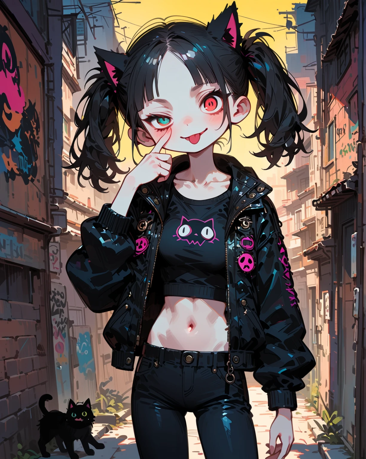 solo,1girl\(cute, kawaii,(evil smile),akanbe, eyelid pull, tongue out, finger to eye, hand up, :p, index finger raised ,one eye closed, (black hair:1),(long hair),(twin tails hair),pale skin, red eyes,(detailed eyes:1.4),spiral eye, eyes shining, (big eyes),(breast:1.4),(punk fashion:1.6),(ripped clothes:1.3),(tight tube top),(tight hot pants),(stomach shown:0.8),(abs:0.8),(ripped black short jacket:1.4),(fluffy black cat-ear:1.4),(dynamic pose:1.4)\)),(bang:1.2)\). BREAK .background\(outside, noisy city, backstreet, narrow street, neon lights, at night\), BREAK ,quality\(8k,wallpaper of extremely detailed CG unit, high resolution, top-quality, top-quality real texture skin, hyper realistic, increase the resolution, RAW photos, best quality, highly detailed, the wallpaper,golden ratio,high saturation realism, vibrant colors, dramatic lighting, persuasive storytelling, atmospheric scenery, captivating visuals, intricate details, strong emotions,dreamlike world\),(close up of face:1.5),pop art,vivid color, (graffiti:0.5)