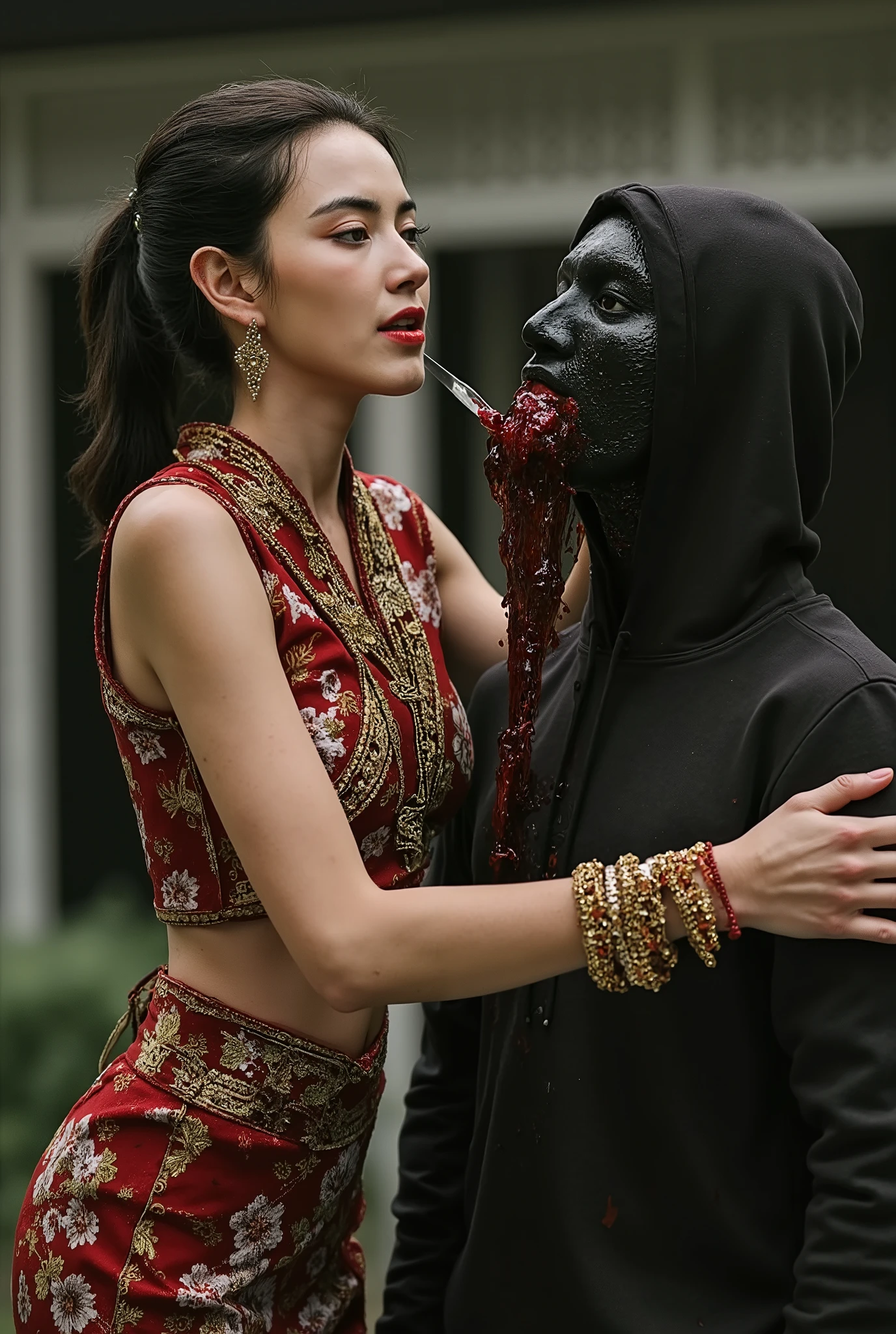 Woman kill male, Woman cut throat male, Woman knife, Woman kebaya bali Indonesia, blood flowed freely down Male neck, male neck spurted out a lot of blood, male full face mask, a male, male black hoodie, Woman Slaughter male