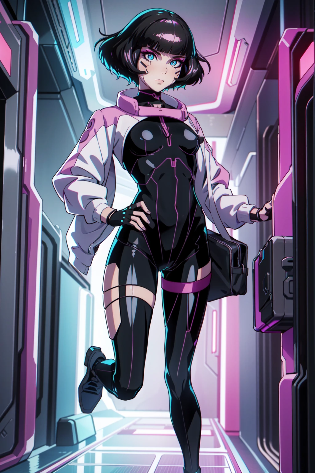 Create an illustration of Sasha from Cyberpunk: Edgerunners. She is a young netrunner with a slender and agile physique, reflecting her hacker lifestyle. Her hair is short, (black hair), messy, and brightly colored, often with neon highlights like electric blue or vibrant pink. Her (blue eyes) have a sharp, tech-enhanced glow, hinting at cybernetic implants. Sasha wears a sleek, tactical bodysuit designed for mobility and stealth, primarily in shades of black and dark gray, accented with neon lines that pulse softly with her netrunning activity. Her gloves are fingerless, exposing cybernetic fingertips perfect for interfacing with technology. Completing her look are combat boots and a utility belt filled with small hacking tools and gadgets. The overall vibe is a mix of futuristic hacker aesthetic and street-smart edge, blending style and functionality. walking on the floor, with pink botes, dinamic poses,