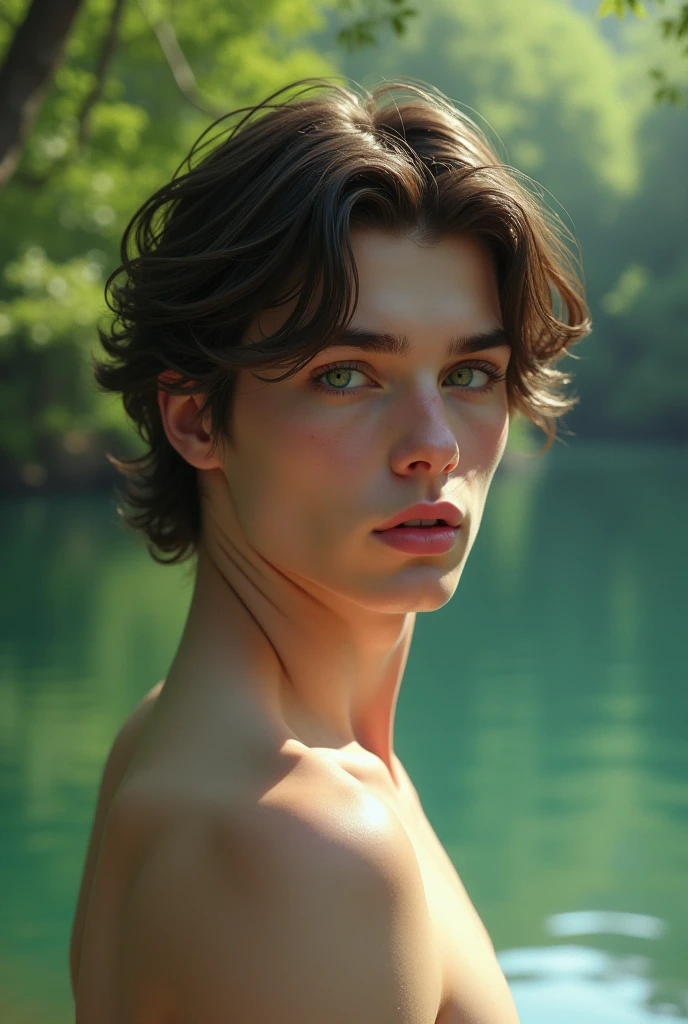 vogue photography, Beautiful Montenegro (light freckles:0.8) And a shy smile, (Muscular:1.4), Handsome long-haired male model sitting by the river, Sweaty, It's all sweat, Shirtless, steven klein, Melt Arras and Marcus Pigot, mert and marcus, ryan mcginley, artem, inspired by Konstantin Somov, Danila Tkachenko, photography alexey gurylev, amongst foliage, steven meisel, photography alexey kurylev. Natural skin, Textured skin, (Kagor aesthetics:1.2), (rim lit:1.3), Pastel colors. . elegant, opulent, Flowing lines, Detailed, decor,Simple . Award-winning, professional, Highly detailed
