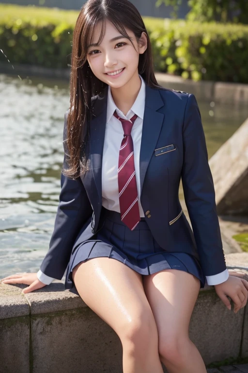 (8K), (Best Quality: 1.2), (Realistic), (Photorealistic: 1.37), Ultra High Definition, 1 Girl, Cute, Smile, Closed Mouth, Beautiful Details, Beautiful Nose, Full Body, Wet Hair, Colossal Dalsefo, Pork, School Uniform, Thighs