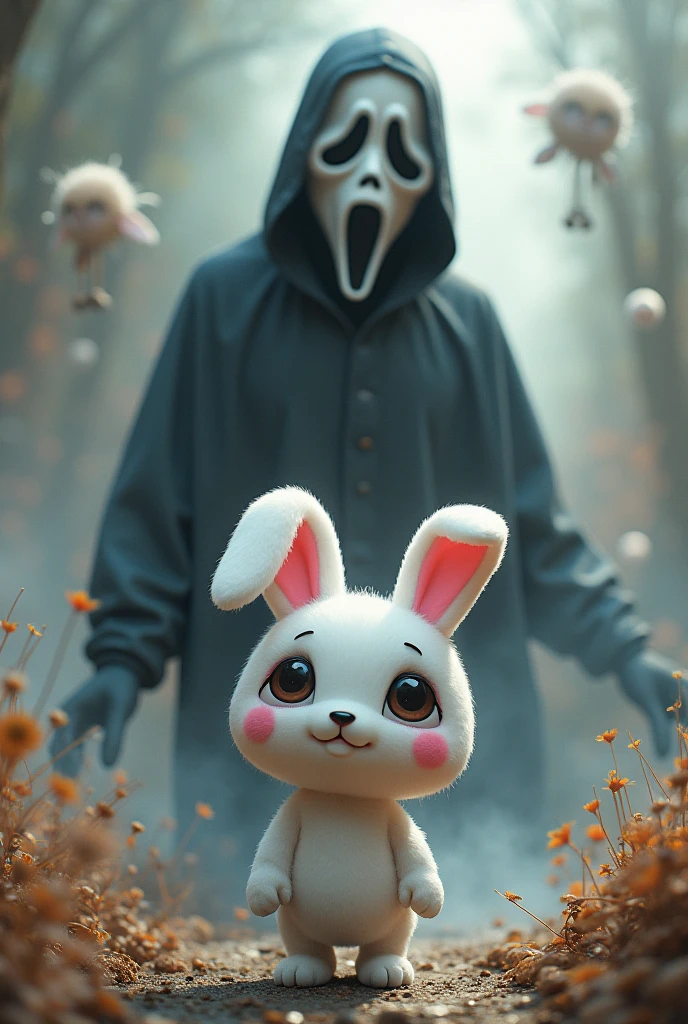 a tall and scary black shadow, his right hand holding a balloon and his left hand holding a small child with a strange rabbit mask on his face in the middle of an abandoned city
