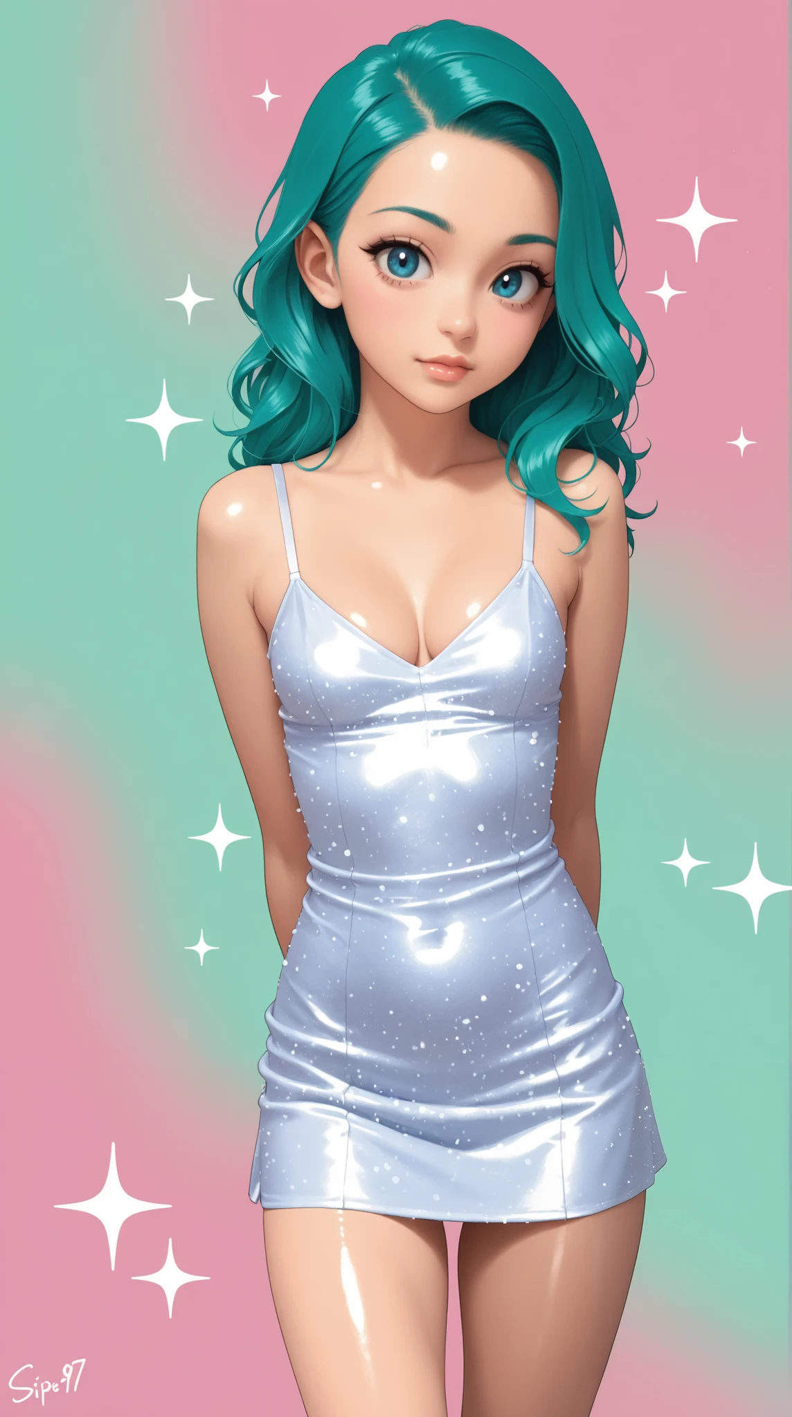young Japanese girl, slender, small breasts, cleavage, barely dressed, anime, manga, sexy, sparkles, Pink Green Hair, Glitter Dust, dynamic shadows, masterpiece, bright colors, Shimmers, clear details, beautiful appearance, masterpiece, best quality, perfect anatomy, shiny skin, arms behind back, no background, pink background, green background,