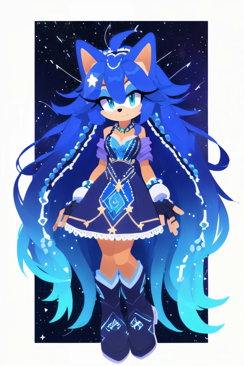 Sonic oc, Mobian, female, sonic the hedgehog but female, Cosmic hedgehog, A beautiful light blue hedgehog, purplish blue eyes, very long hair/quills, braided and beaded long hair bangs, long streaks of hair on each side of her face, (star constellation on hair, beads on hair, smooth fur, slim thick hourglass body, slim fit, wearing a grey jacket dress reaching the floor, boots, fingerless gloves, beaded hair and rings on hair flowing hair,