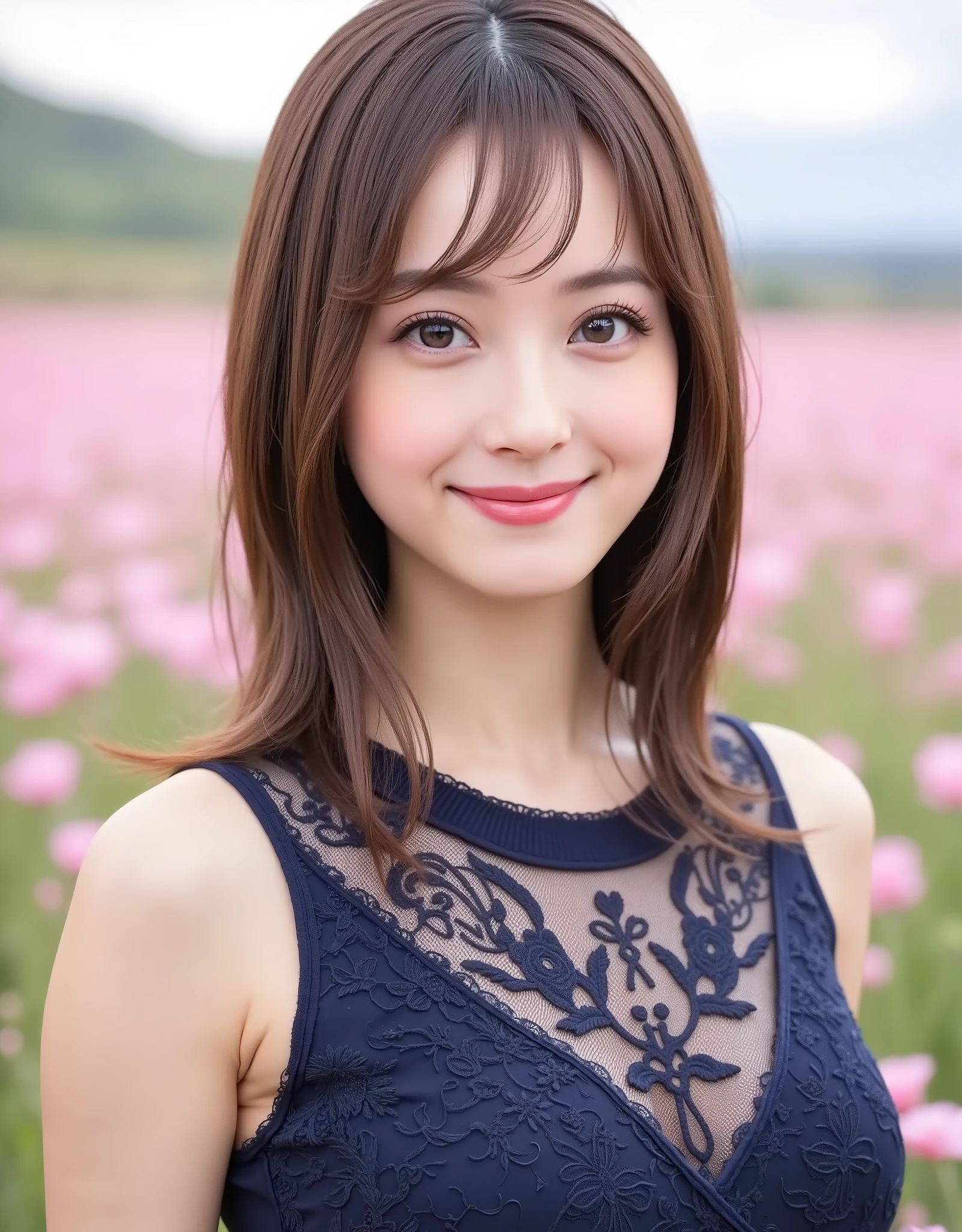 NSFW, (Highest quality), (Ultra-precise CG 16K wallpaper), (Realistic: 1.6), (High saturation), (Sharp), Beautiful detailed shading, Beautiful natural lighting, Beautiful detailed glow, Bright sunlight in the daytime, Natural light, Depth of field, (Mature 24 year old woman, One person: 1.6), (Very beautiful Japanese face), (Sasaki Nozomi), (Straight semi-long hair, bangs: 1.6), (Shiny black hair), (Sparkling eyes), (C cup size breasts, cleavage, slim thighs: 1.6), (Beautiful breasts), (Beautiful legs), (Beautiful skin), Beautiful proportions, (Faint smile: 1.2), (Looking at me: 1.6), (Wearing a sleeveless high-necked navy blue lace mini dress: 1.6), (Wearing a necklace), (Fashion model pose: 1.6), (Flower field, mountain), (Full screen image:1.6), (full body shot:1.6), (image of a woman seen from the diagonal front:1.6), (woman standing in a flower field:1.6),