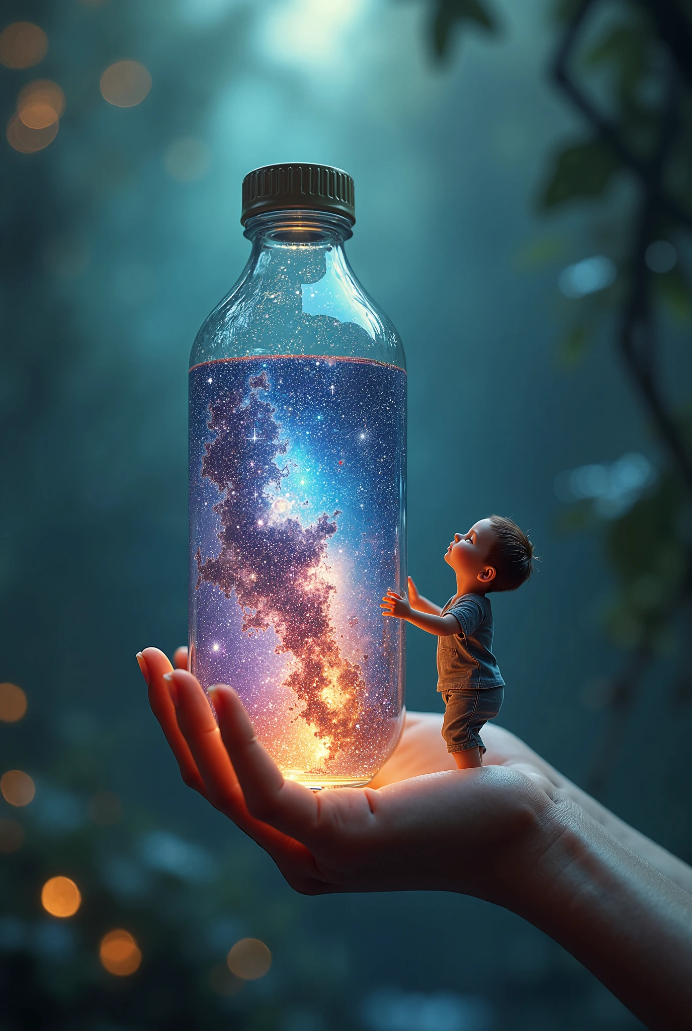 A picture of the universe in a water bottle held by a small 