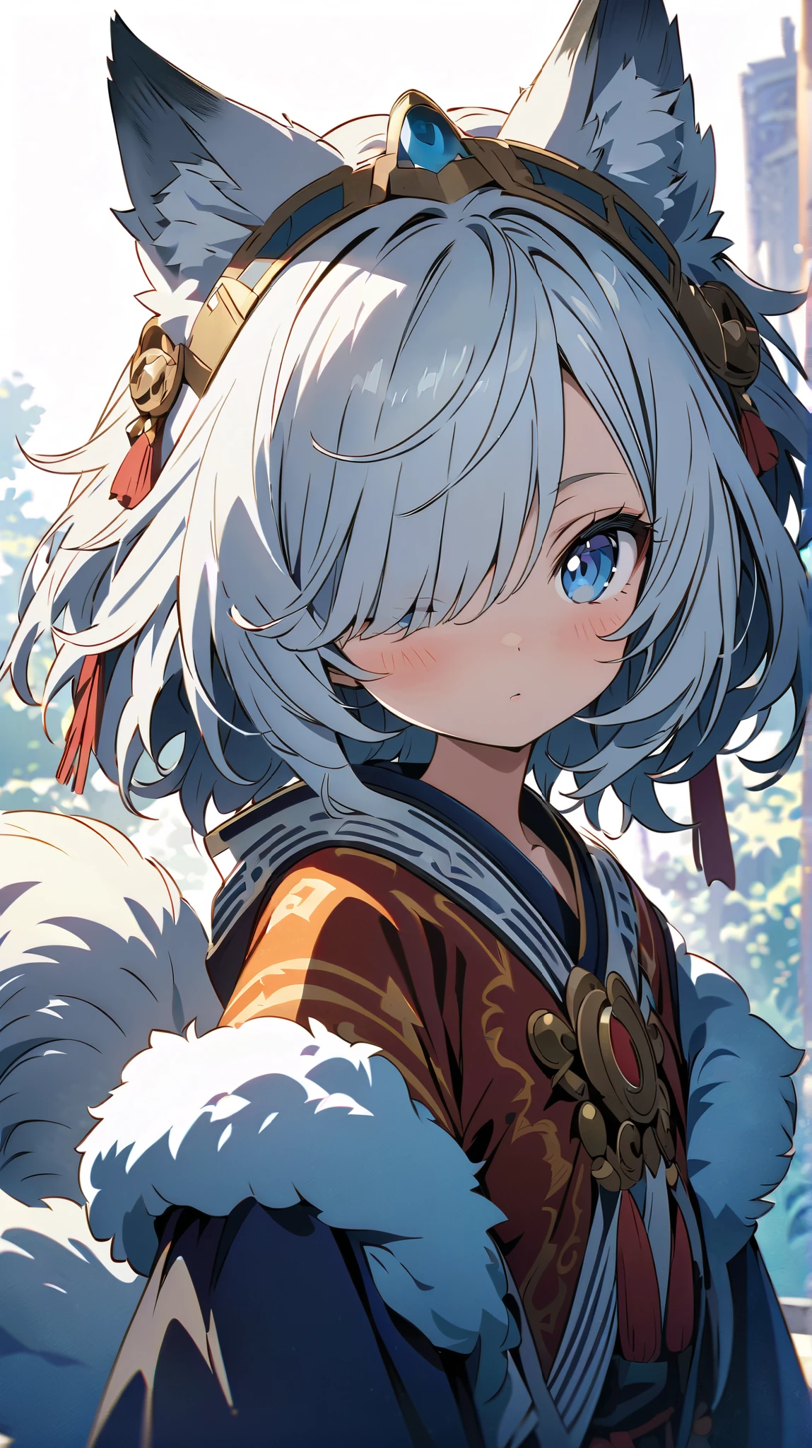 (masterpiece:1.2), ( top quality :1.2),  super high res,  very detailed,  perfect lighting,  wolf girl , White Hair,  ethnic costumes,  Otherworldly Fantasy , fluffy tail, cute,  head tilt ,  closes one eye,   digital anime art  , anime style illustration , animated illustration where the face is covered, ((White background))