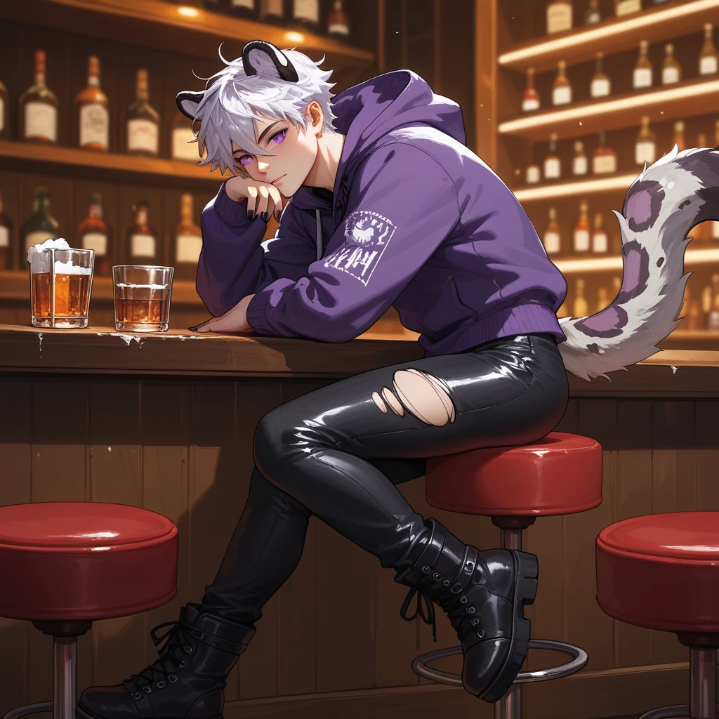 1man, short messy white hair, hair falling between eyes, one brow raised, purple eyes, snow-leopard ears, snow-leopard tail, sipping on whiskey in a bar, sat on a bar stool, plain purple hoodie, black ripped leather pants, combat boots, black painted nails, gothic aesthetic, neutral expression. 