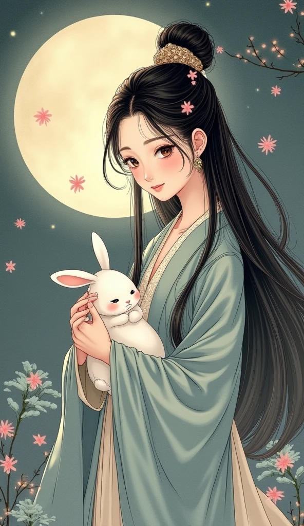 Long-haired girl in Hanfu,Holding the rabbit(cute),(Full moon),Ancient Chinese style,Fairy air fluttering,(Chang'e fairy),(mid-autumn festival),Soft moonlight,young goddess, Ink painting style,A detailed face,A detailed face,Quiet moonlight