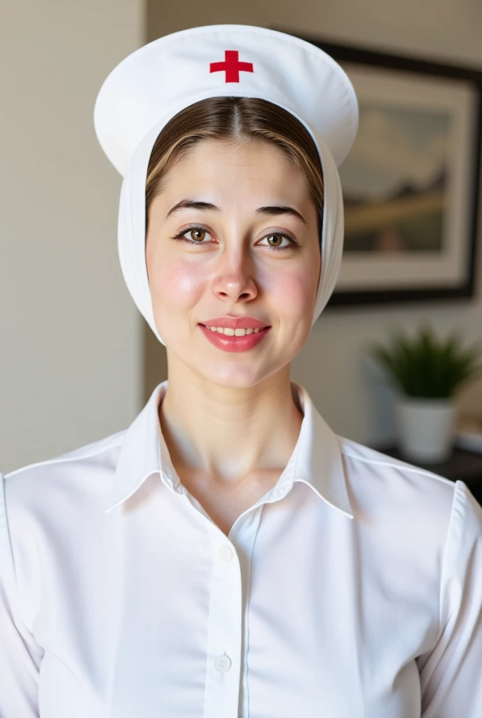 A young woman with blonde curly hair is wearing a nurse's cap with a red cross. 


The woman is fair-skinned, and she has a neutral/pleasant expression.  Her makeup includes a subtle blush and a reddish-brown lipstick.  Her eyes are a light green/gray color.


She is wearing a white, button-down shirt, and only the top portion of the shirt is visible in the image.


The background is out of focus, a light beige or cream color, suggesting an interior setting. A blurred image of a wall or a doorway appears in the background. 


The overall impression is of a portrait or a headshot.