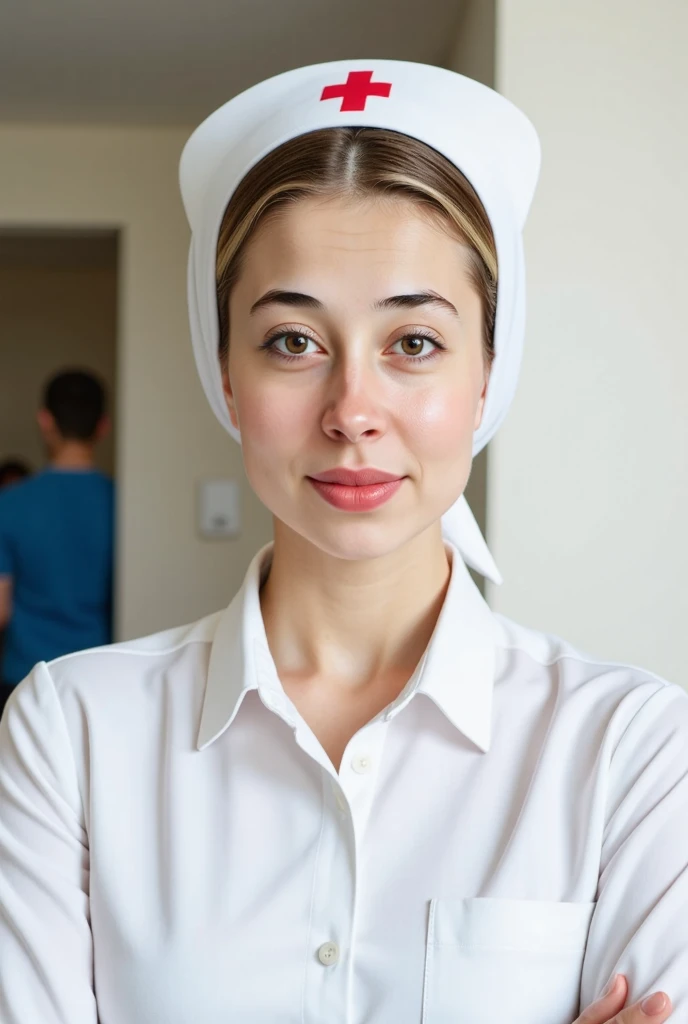 A young woman with blonde curly hair is wearing a nurse's cap with a red cross. 


The woman is fair-skinned, and she has a neutral/pleasant expression.  Her makeup includes a subtle blush and a reddish-brown lipstick.  Her eyes are a light green/gray color.


She is wearing a white, button-down shirt, and only the top portion of the shirt is visible in the image.


The background is out of focus, a light beige or cream color, suggesting an interior setting. A blurred image of a wall or a doorway appears in the background. 


The overall impression is of a portrait or a headshot.