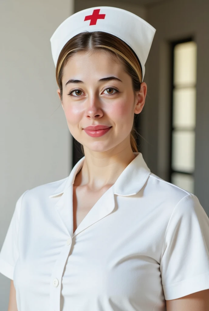 A young woman with blonde curly hair is wearing a nurse's cap with a red cross. 


The woman is fair-skinned, and she has a neutral/pleasant expression.  Her makeup includes a subtle blush and a reddish-brown lipstick.  Her eyes are a light green/gray color.


She is wearing a white, button-down shirt, and only the top portion of the shirt is visible in the image.


The background is out of focus, a light beige or cream color, suggesting an interior setting. A blurred image of a wall or a doorway appears in the background. 


The overall impression is of a portrait or a headshot.