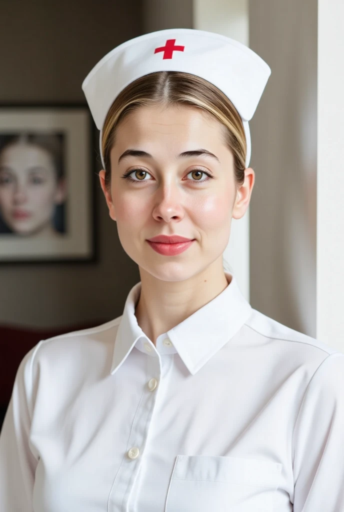 A young woman with blonde curly hair is wearing a nurse's cap with a red cross. 


The woman is fair-skinned, and she has a neutral/pleasant expression.  Her makeup includes a subtle blush and a reddish-brown lipstick.  Her eyes are a light green/gray color.


She is wearing a white, button-down shirt, and only the top portion of the shirt is visible in the image.


The background is out of focus, a light beige or cream color, suggesting an interior setting. A blurred image of a wall or a doorway appears in the background. 


The overall impression is of a portrait or a headshot.