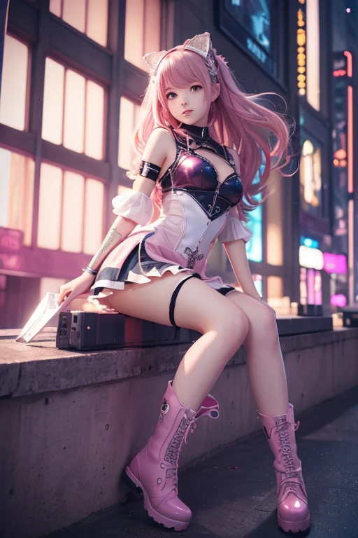 Chibi magic girl in a sexy dress with a ward, fight in the streets