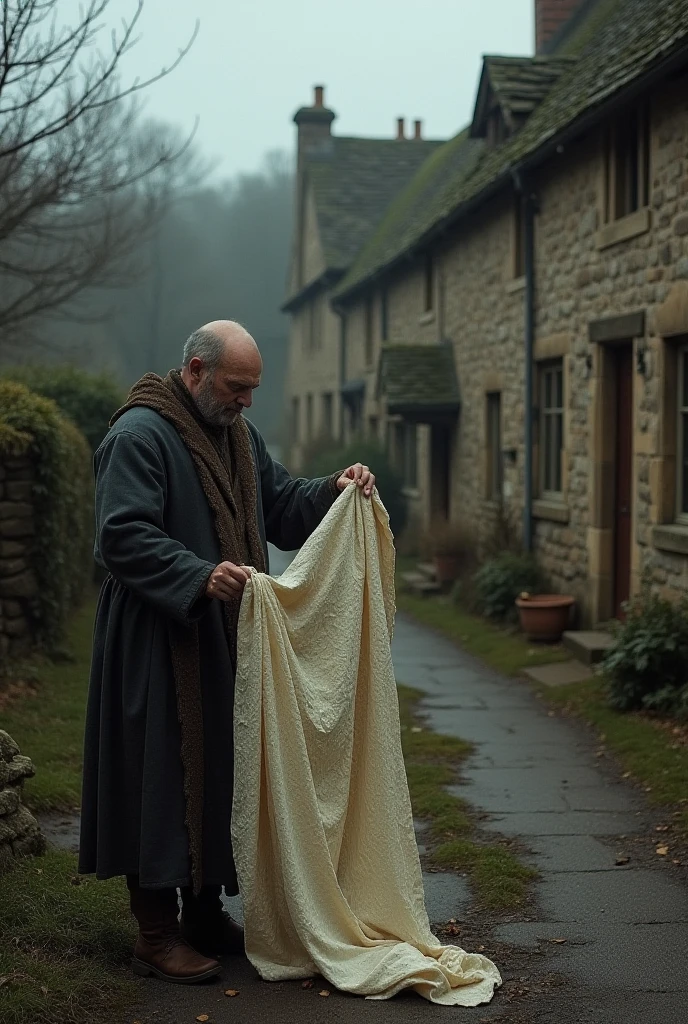 The Onset of Infection: A scene set in 1665, where a tailor in Eyam village is unfolding a piece of cloth that has just arrived from London, unknowingly contaminated with the plague. The background features stone cottages characteristic of Eyam and the surrounding village landscape. The atmosphere is dim, with overcast skies, hinting at the impending outbreak.