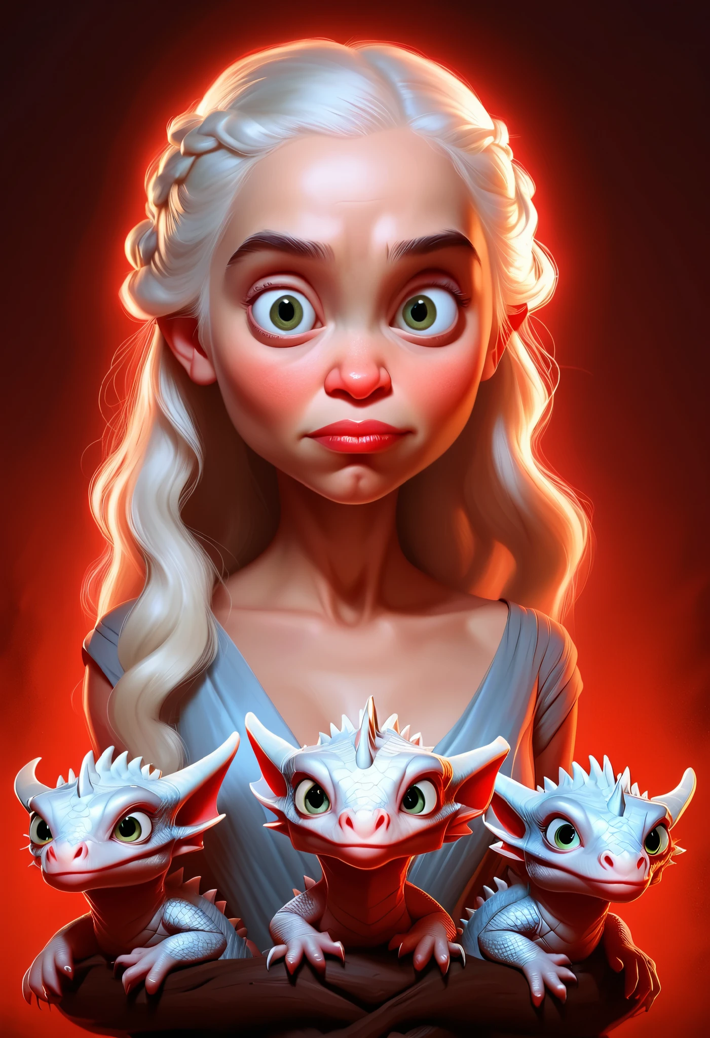 a cartoon caricature of Daenerys Targaryen with 3 **** dragons, portrait, exaggerated features with a large nose and big eyes, realistic, detailed, glowing red lighting, 4K.