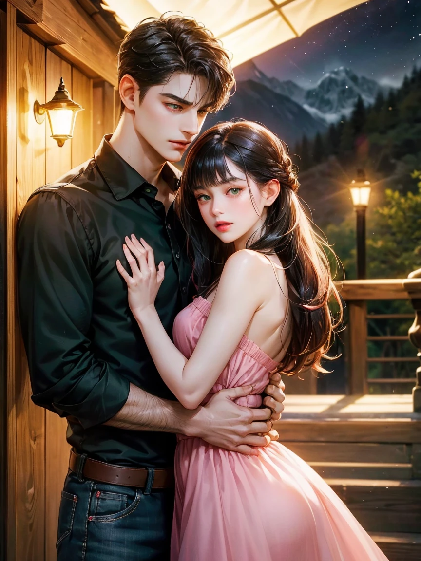 Couple, 1 girl 1 boy, black hair color, long blonde hair, wavy hair, no bangs, grey eyes. Pullover and jeans. Short black hair, wavy hair and (green eyes) , transparent lingerie, height different, detailed eyes, face, hand. The look at the viewer. They hug. They are near pine trees with snow. Full figure. Background snow forest