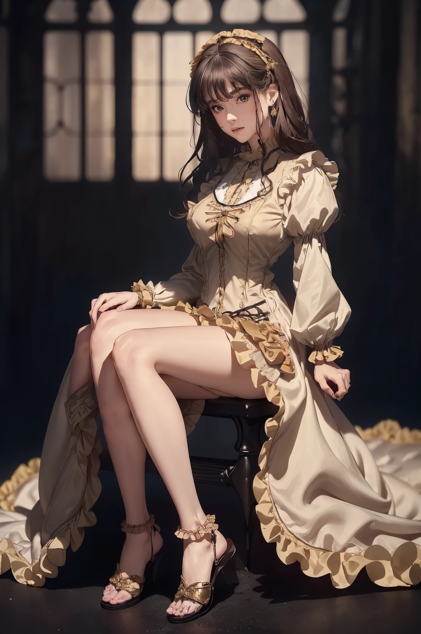 masterpiece, Highly detailed, super realistic, detailed background,
 bright Lighting, Daylight, beautiful face, beautiful eyes,
 medieval style, 1girl, solo,akina-nakamori,
(10-years-old little-princess) sitting,  (long brown-curly-hair),
(full body),
wearing ((Frilled Victorian mediaeval-colorful-dress:1.2)),
(Golden bracelet) and (Roman sandals),
( long dress, long sleeve, elegant),
 (((tiny breasts:1.5, (slender legs), (Slender thighs)))),
(pretty face), (loli),victorian,

(akina-nakamori), (virtualgirl-aim),
