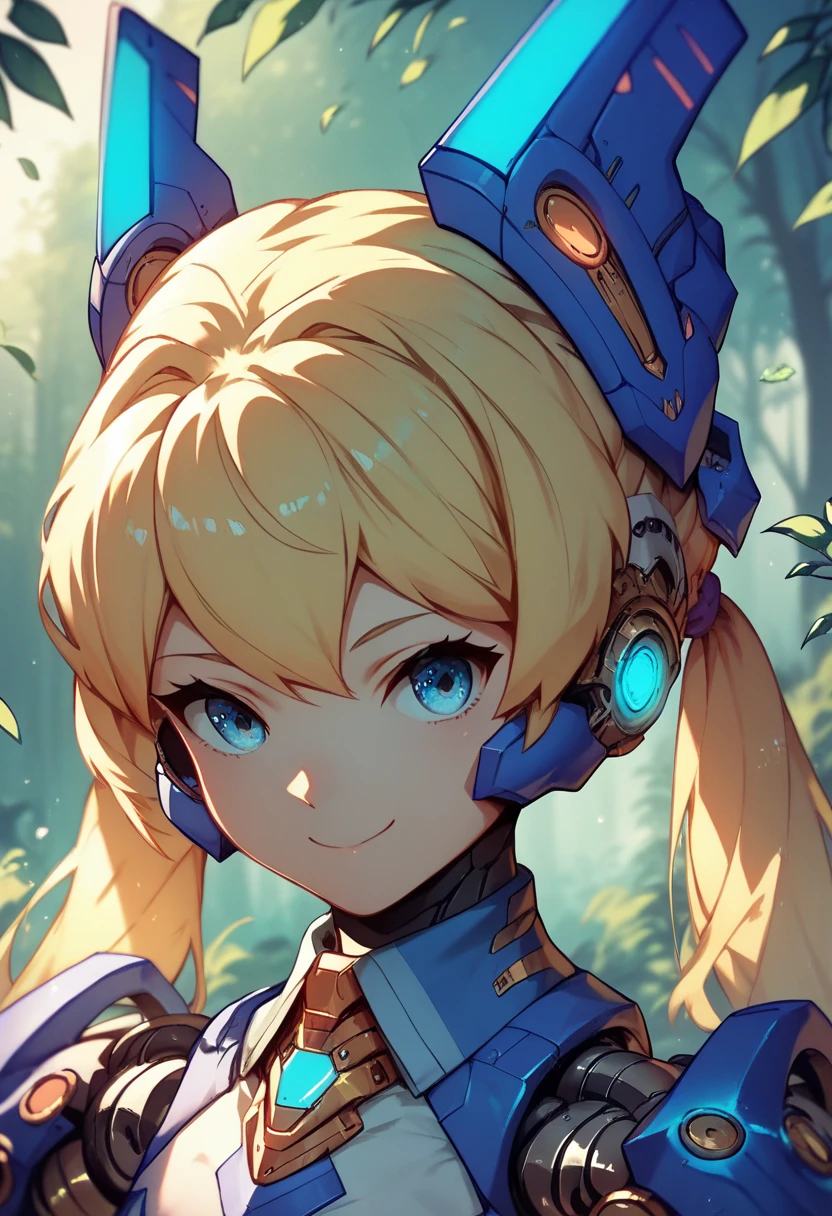 1girl, white mecha, blue mechanical arms, mechanical legs, mechanical face, in forest, upper body, glowing blue eyes, mechanical head, closed mouth, smiling, ricky, twin tails, blonde hair, arm canon,