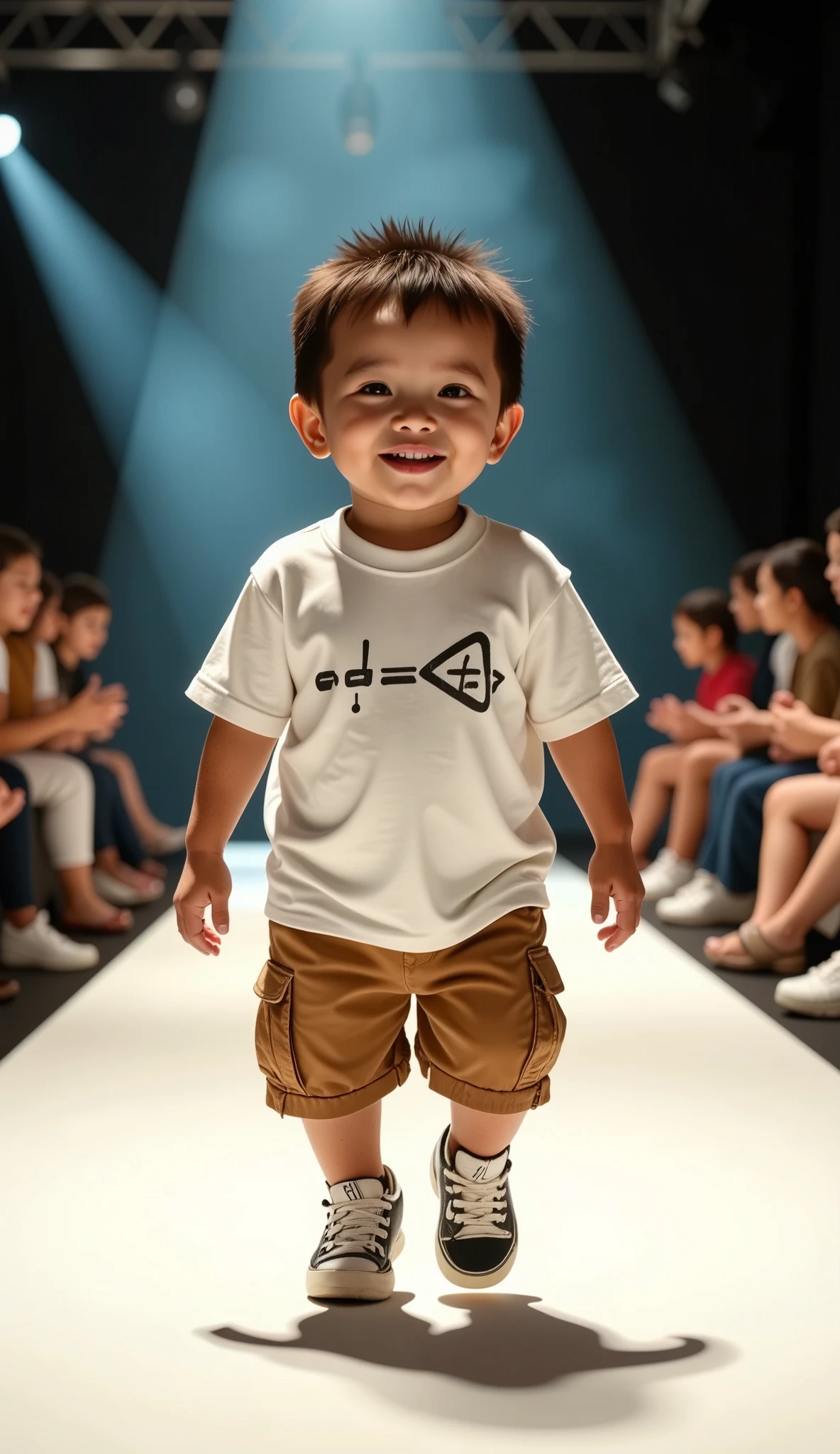 "Ultra-realistic 3D image of a cute and chubby  Indonesian baby boy, dressed in trendy 2024 fashion, including a stylish oversized t-shirt, modern cargo shorts, and sneakers. He is confidently walking down a runway, smiling brightly, with the spotlight on him. The background features a crowd of excited spectators sitting along the sides of the catwalk, capturing the lively atmosphere of a fashion show. The scene is vibrant, full of energy, and the baby’s joyful expression shines through, all captured in stunning 8K resolution."
